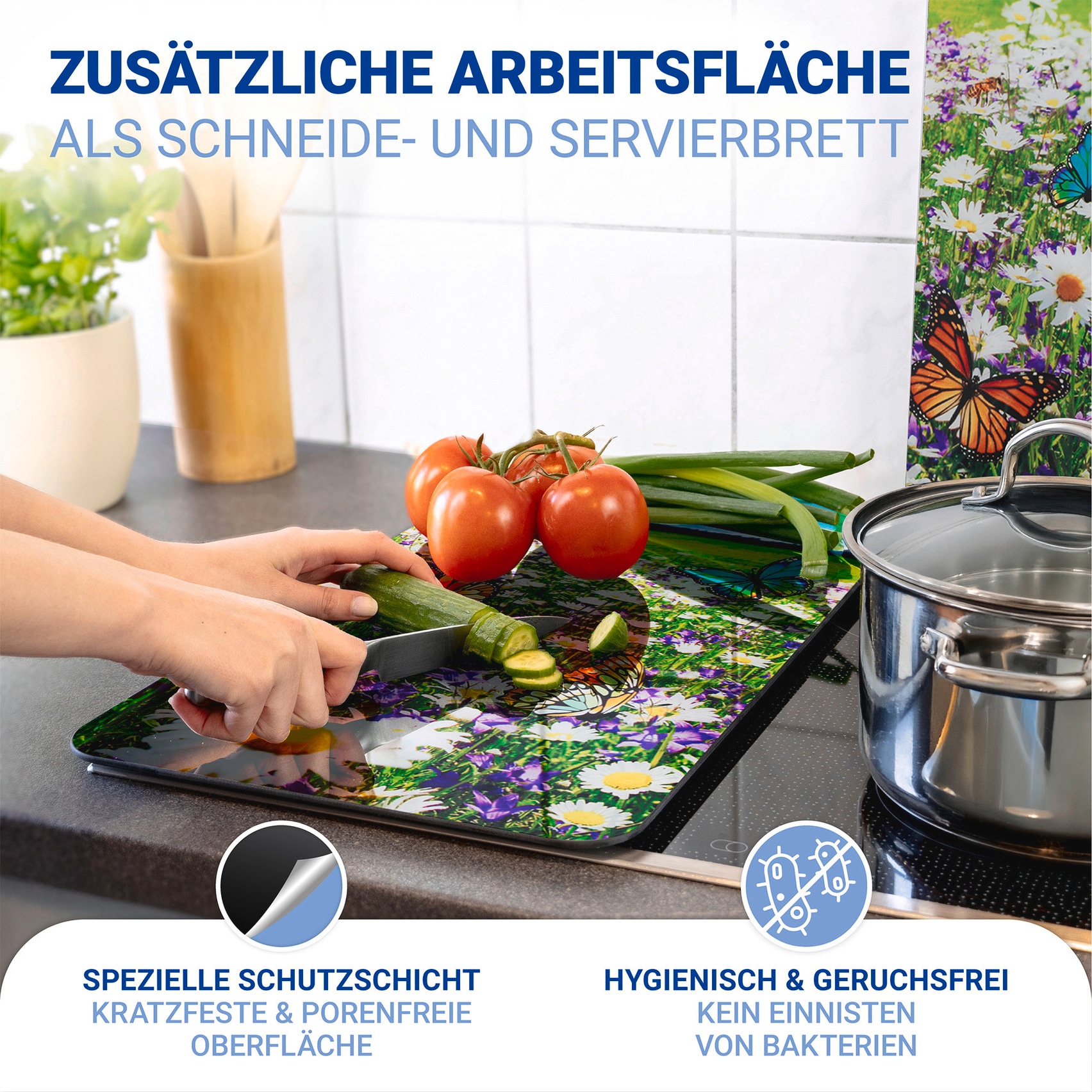 WENKO Herd-Abdeckplatte »Universal Modell Sommerwiese«, (Set, 2 tlg.), Herdabdeckung für alle Herdarten, kratzfest, mit rutschfesten Füssen