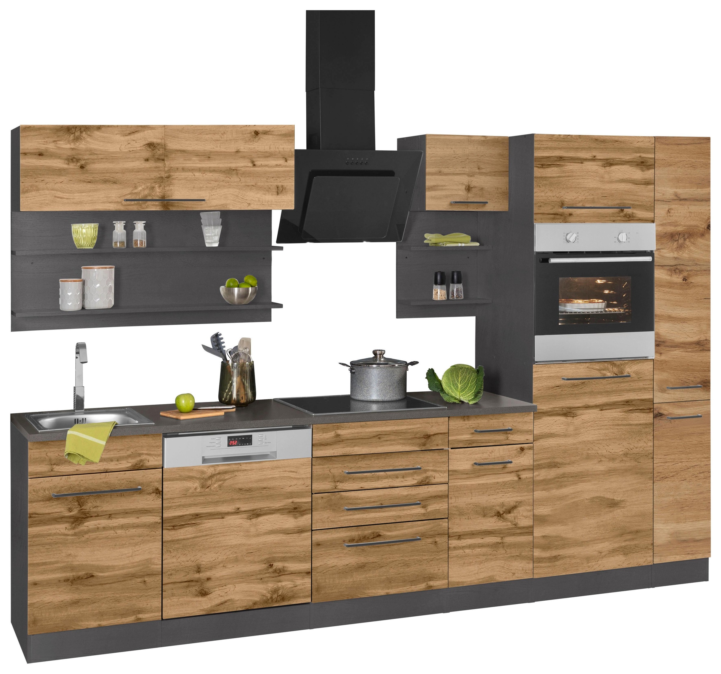 KOCHSTATION Küchenzeile »KS-Tulsa« ohne E-Geräte, Breite 300 cm, schwarze Metallgriffe, MDF Fronten