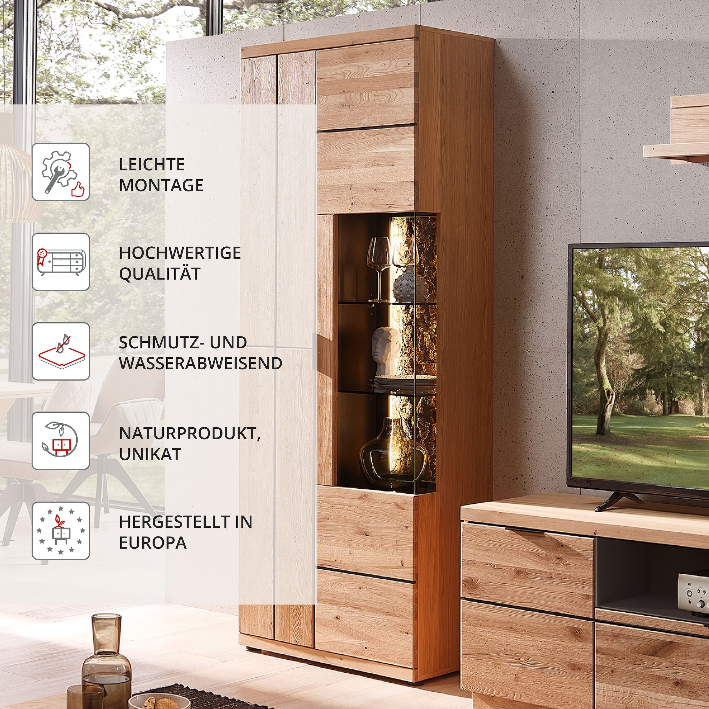 Wohnconcept Vitrine »Donna Vitrine, 75x207x42 (BxHxT)« 1 Stk. tlg. Beleuchtung  bestellbar, 3 türig, Echtkork Absetzung, L/R verwendbar