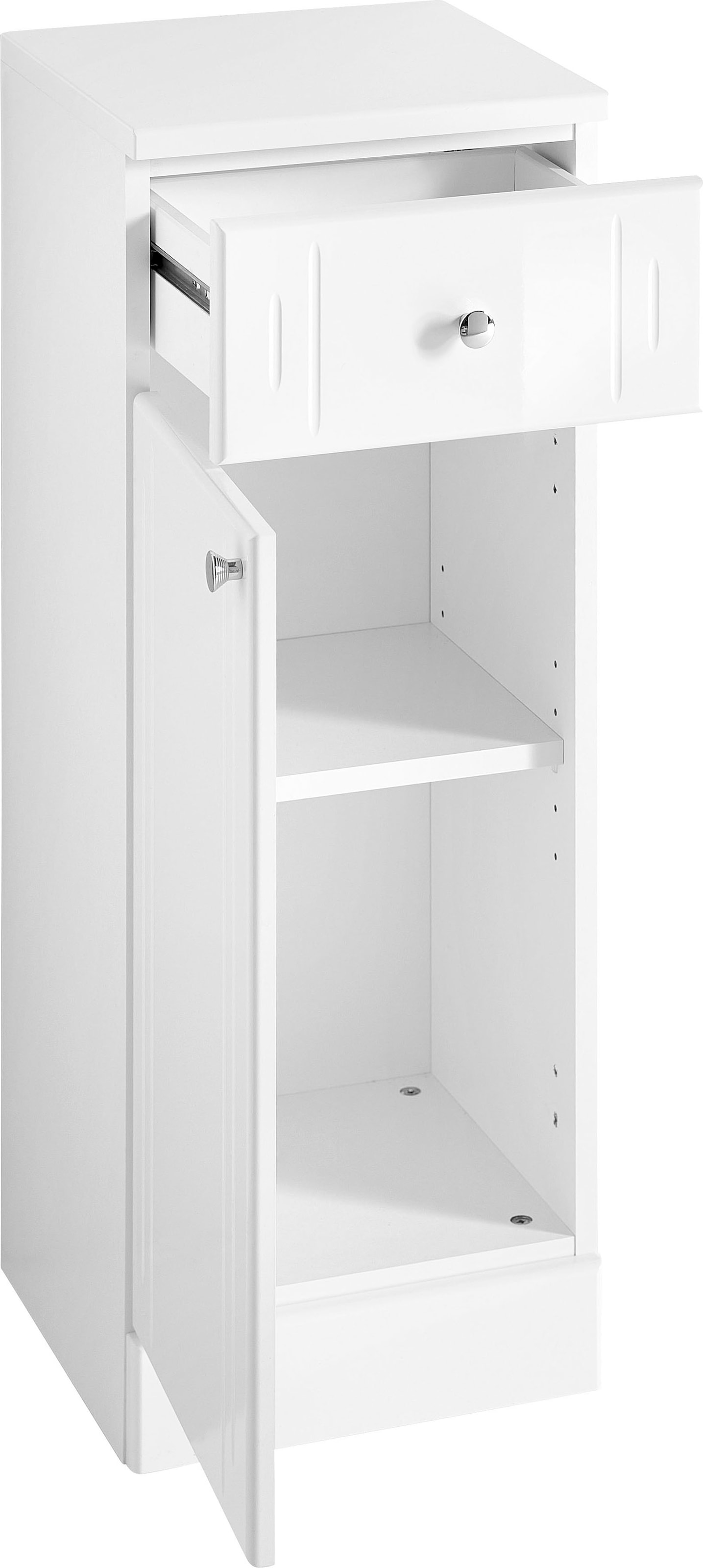 Saphir Armoire basse »Quickset 955 Badschrank mit 1 Tür, 1 Schublade, 32,5 cm breit« Meuble sous lavabo blanc brillant, poignées chrome brillant