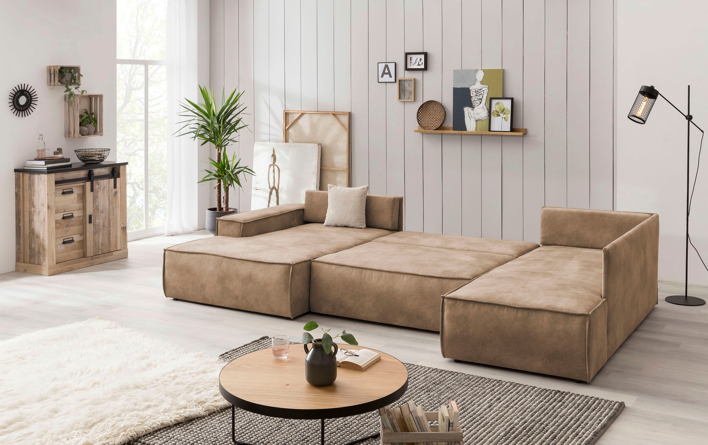 Home affaire Wohnlandschaft »SHERWOOD 329 cm, U-Form, Schlafsofa,«, Schlaffunktion m. Bettkasten (194x139 cm), Cord, Vintage, Samtvelours