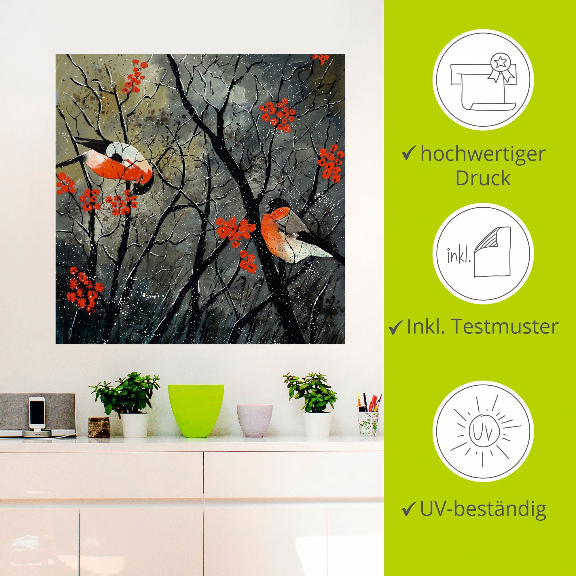Artland Wandbild »rote Vögel im Winter«, Vögel, (1 St.), als Alubild, Outdoorbild, Leinwandbild, Wandaufkleber, versch. Grössen