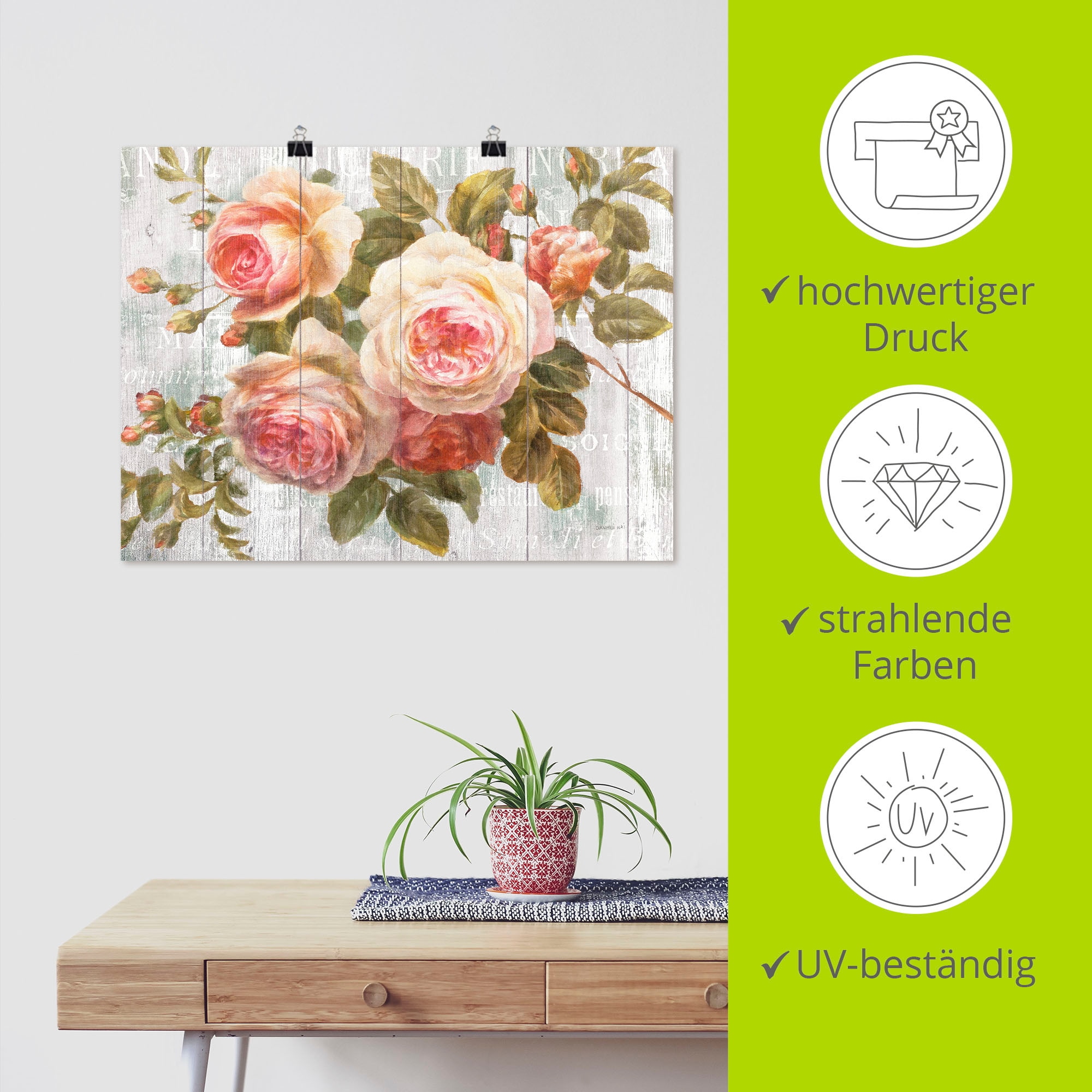 Artland Wandbild »Vintage Rosen auf Holz« Blumen 1 Stk. tlg. als Leinwandbild, Poster in verschied. Grössen