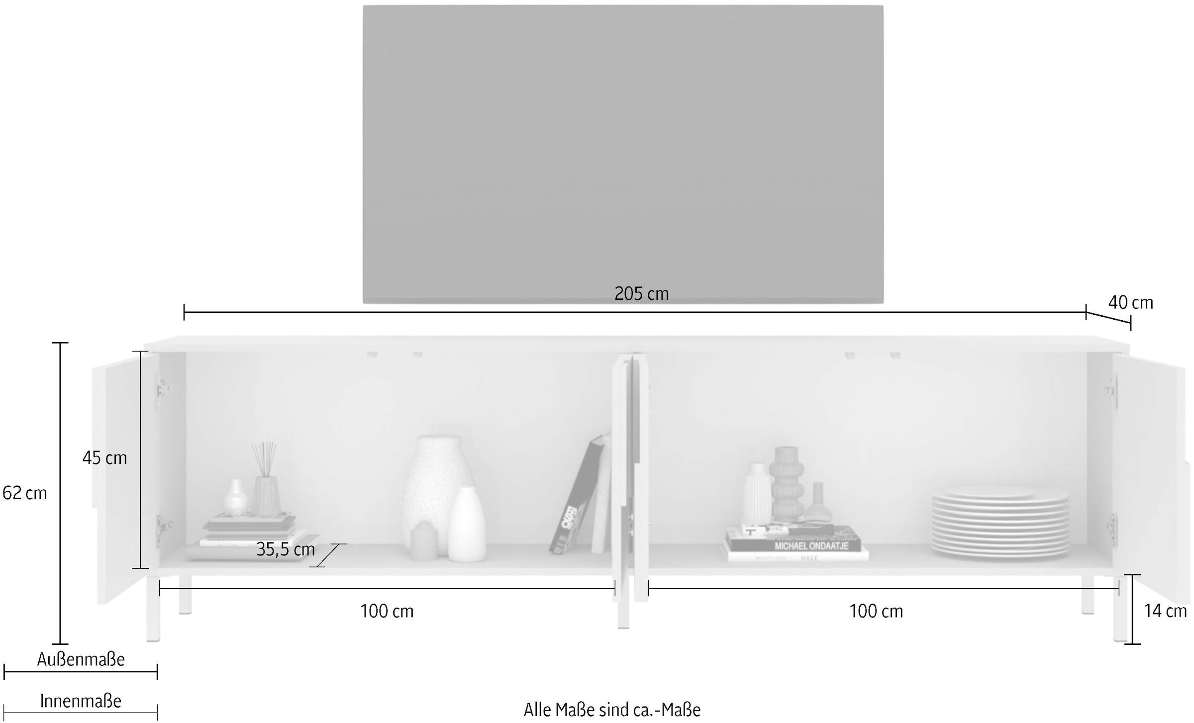 INOSIGN Lowboard »Stone, 205 cm breit, 4 Türen, TV-Schrank, TV-Kommode, Medienboard« 3D-Design, Push-to-open, Innenraum grosszügig, Füsse 14/2 cm wählbar