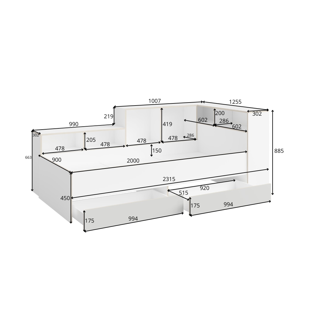 Home affaire Jugendbett »ELLETE Stauraumbett 90x200 cm, Masse B/T/H: 231,5/125,5/88,5 cm«, Bett ohne Matratze mit 2 Schubladen, 2 Türen und 6 Fächer