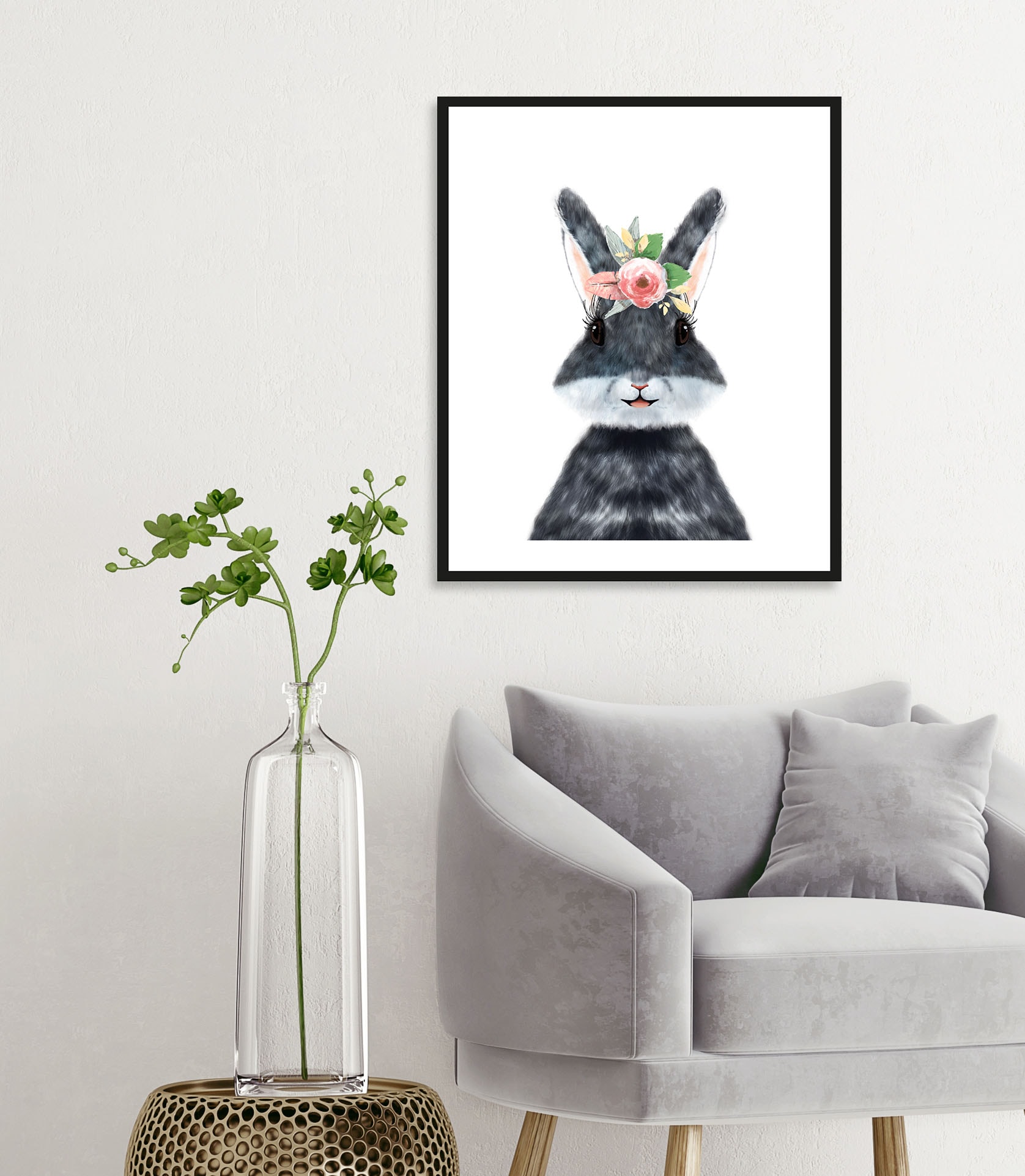 queence Bild »Albino«, Hase-Hasen-Haustiere-Kunst-Ostern-Blumen, (1 St.), mit Rahmen, schwarz