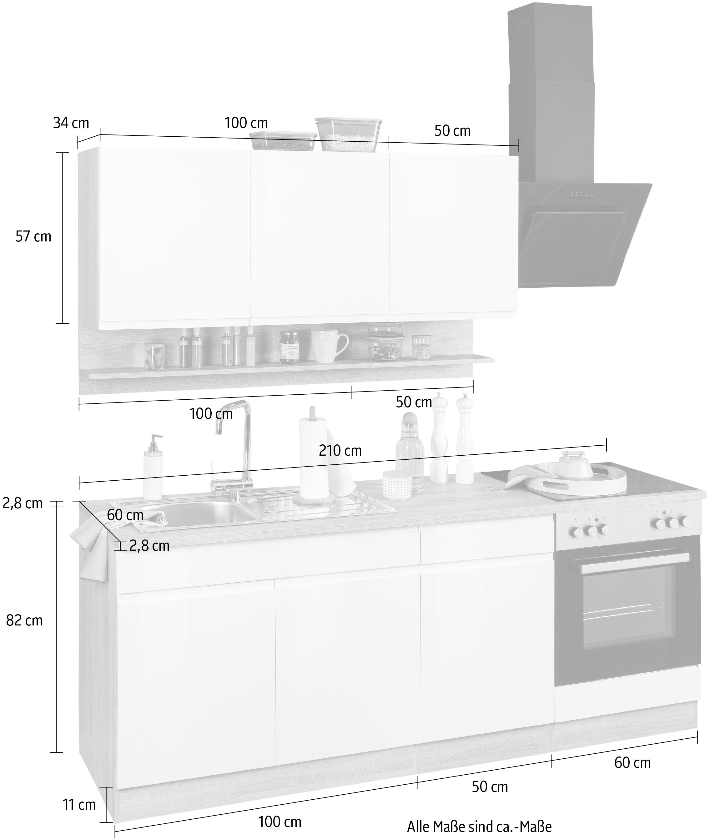 KOCHSTATION Küchenzeile »KS-Virginia,neu in verbesserter Ausführung« Arbeitsplatte 38 mm stark, Stauraum, Softclose,  Breite 210 cm,Soft-Close,wahlweise mit E-Geräten