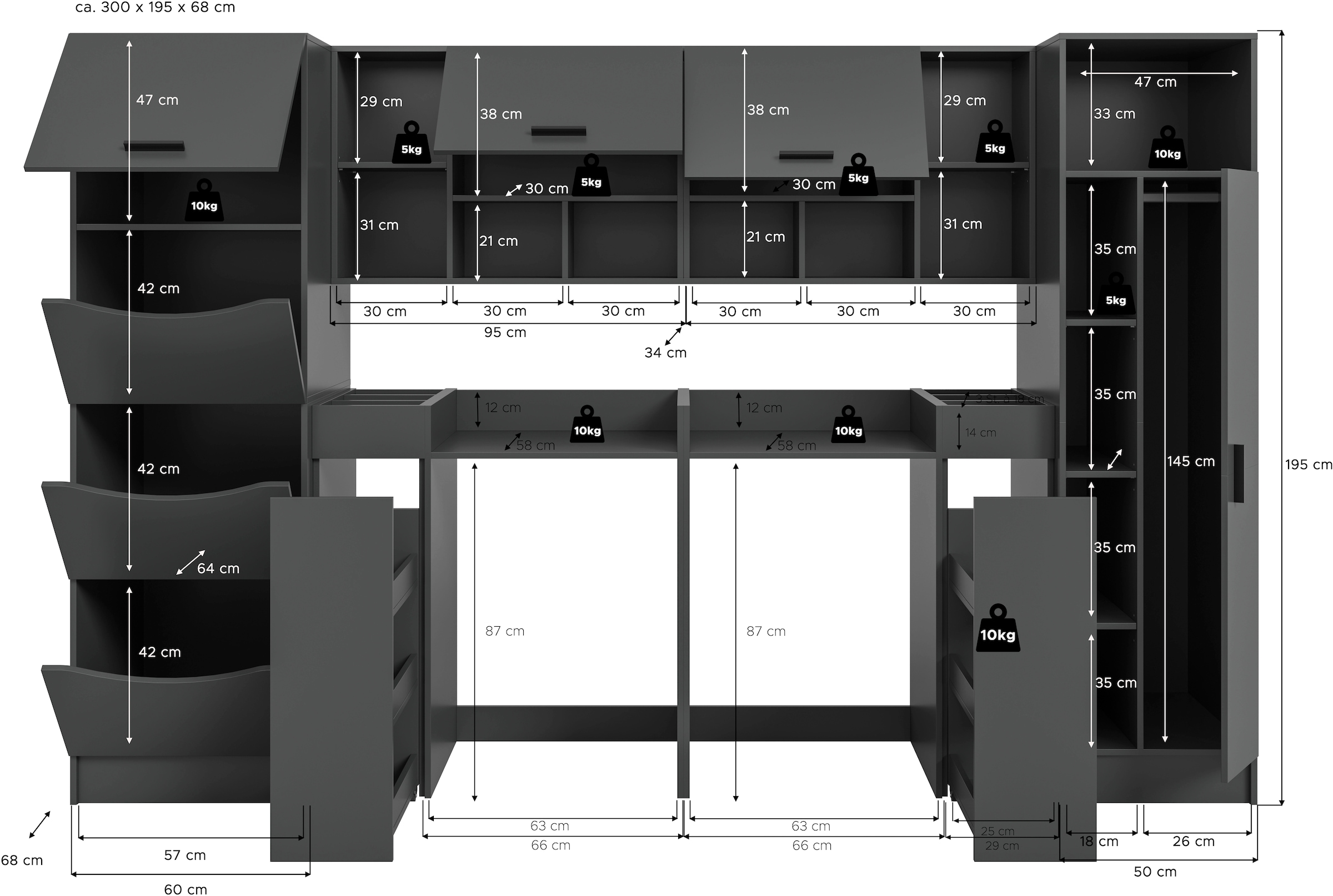welltime Badmöbel-Set »FALAS,  8-teilig, Hauswirtschaftsraum Set, Breite 300 cm« Set, Wäscheschrank, Hängeschrank,Standregal, Umbauschrank, Mehrzweckschrank, 8 Stk. tlg.
