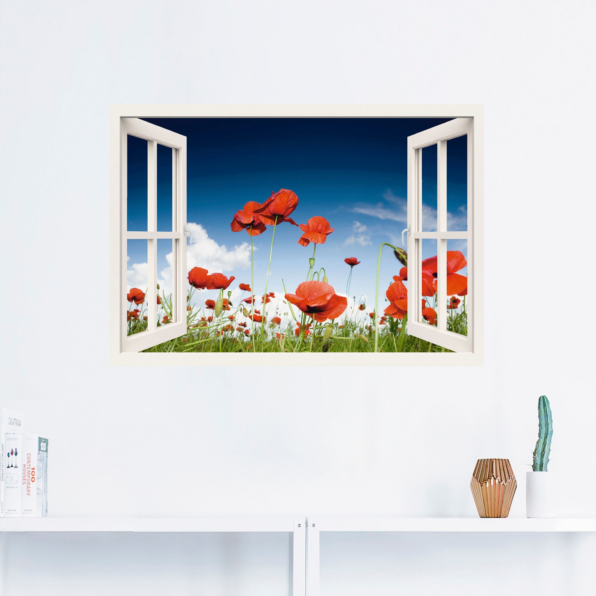 Artland Wandbild »Fensterblick Feld mit Mohnblumen«, Fensterblick, (1 St.),  als Leinwandbild, Wandaufkleber oder Poster in versch. Grössen jetzt kaufen | Leinwandbilder