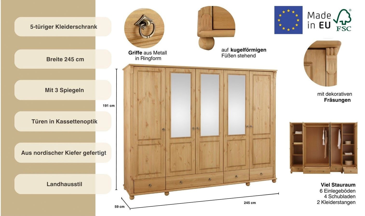 Home affaire Kleiderschrank »Tessin«, (B/H/T ca. 245/191/59 cm), Breite 245 cm, Kiefer massiv, mit Spiegel