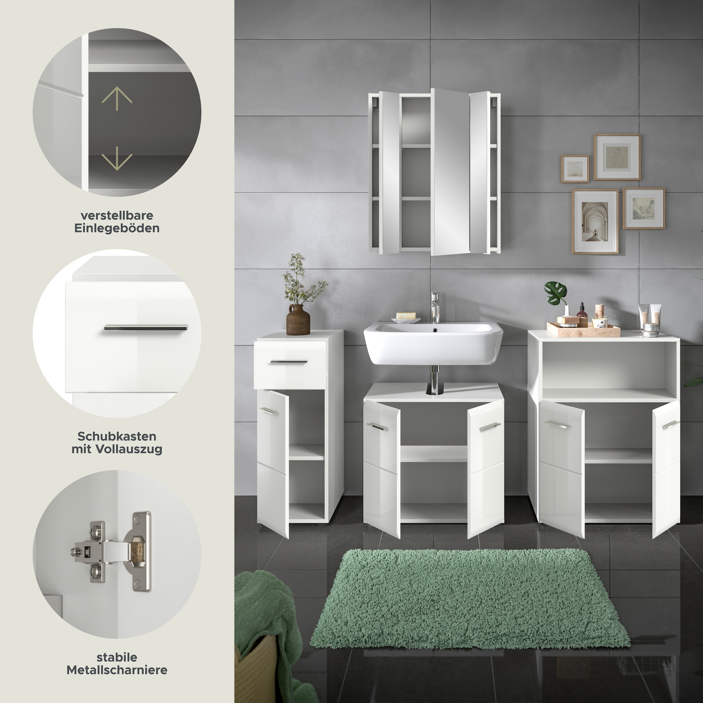 welltime Ensemble de meubles de salle de bain »FLORENZ,  3-teilige Badkombination, hochwertige MDF-Front« Ensemble, best. aus: 1 Hochschrank, 1Waschbeckenunterschrank, 1 Spiegelschrank, 