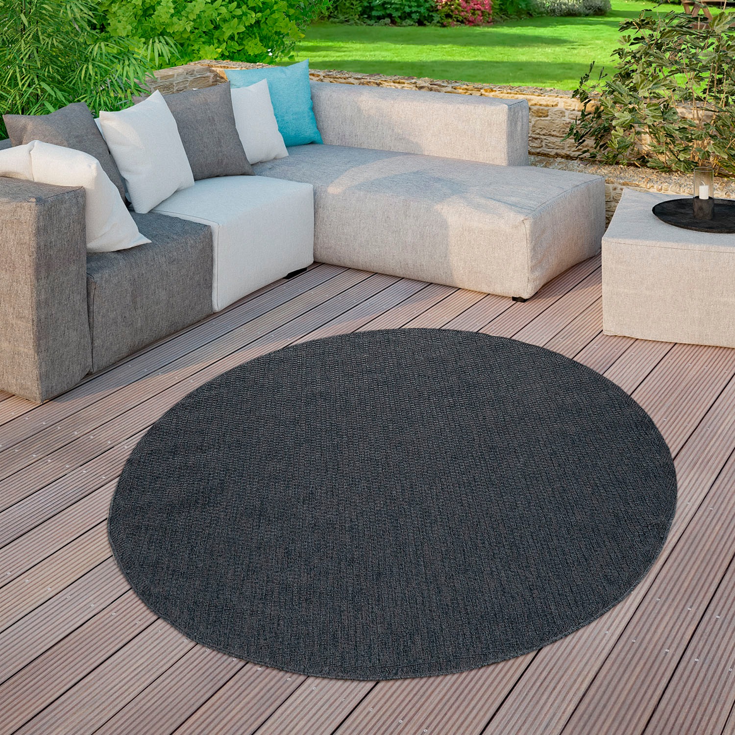 Image of my home Teppich »Timberova«, rund, 5 mm Höhe, In-und Outdoor geeignet,Flachgewebe, Sisal-Optik, Wohnzimmer, Wetterfest & UV-beständig, für Balkon, Terrasse und Wintergarten, besonders flach, auch für Küche, Esszimmer und Wohnzimmer geeignet bei Ackermann 