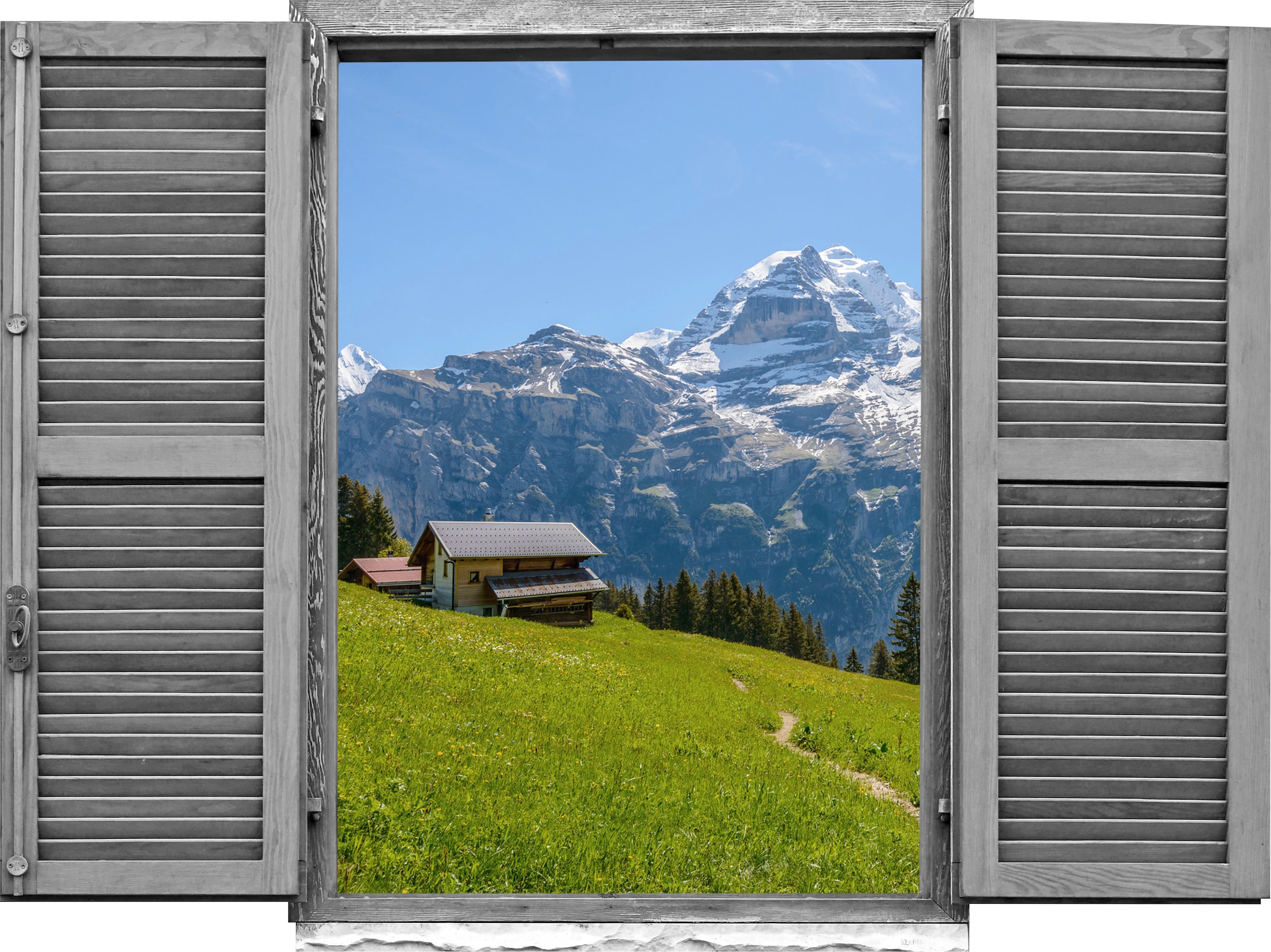 queence Autocollant mural »Almhütte« Wandsticker, Wandbild, selbstklebend, 3D, Fenster