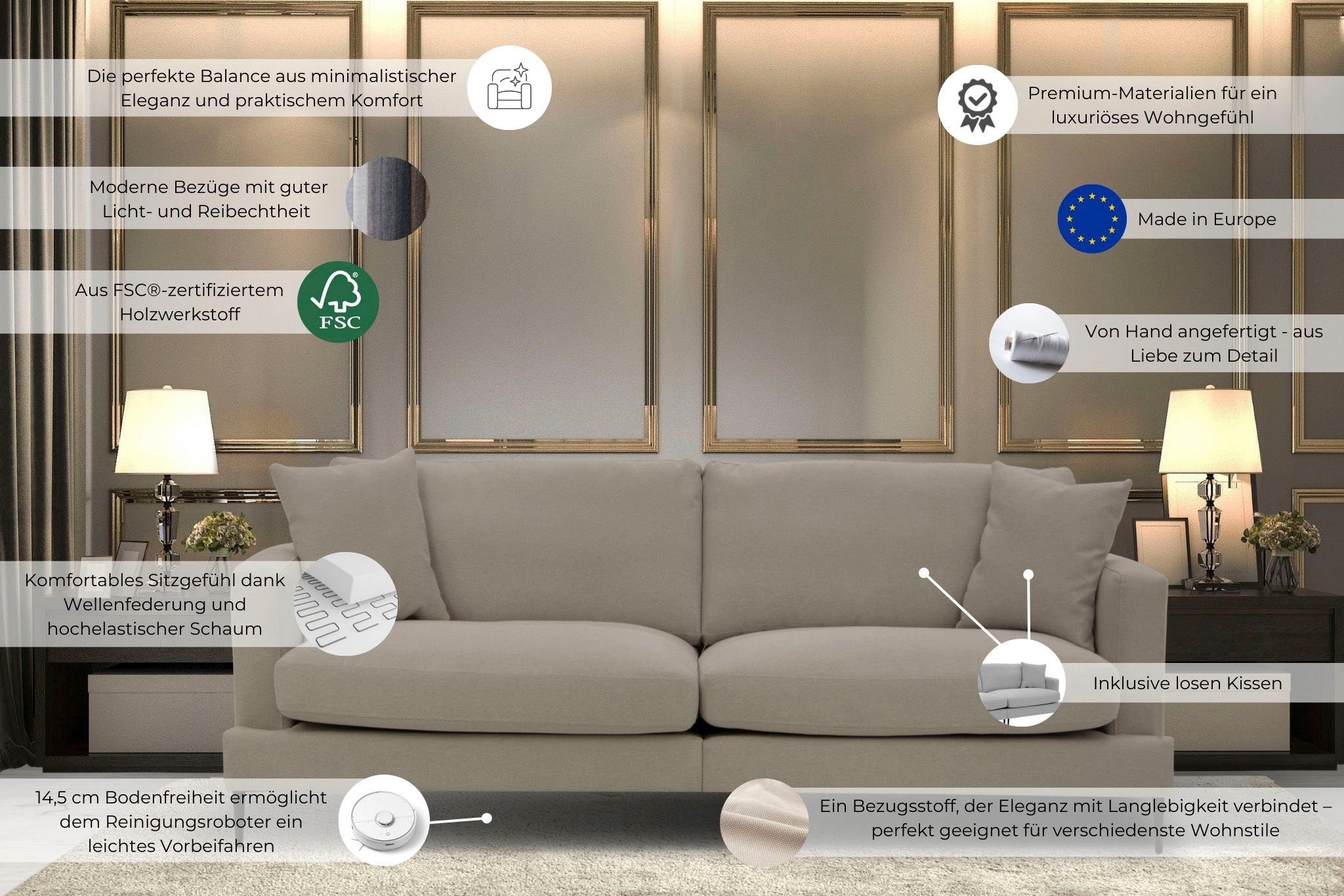 Leonique 3-Sitzer »Cozy elegantes Designsofa, Masse B/T/H: 211/97/80 cm«, mit losen Kissen und Metallbeinen