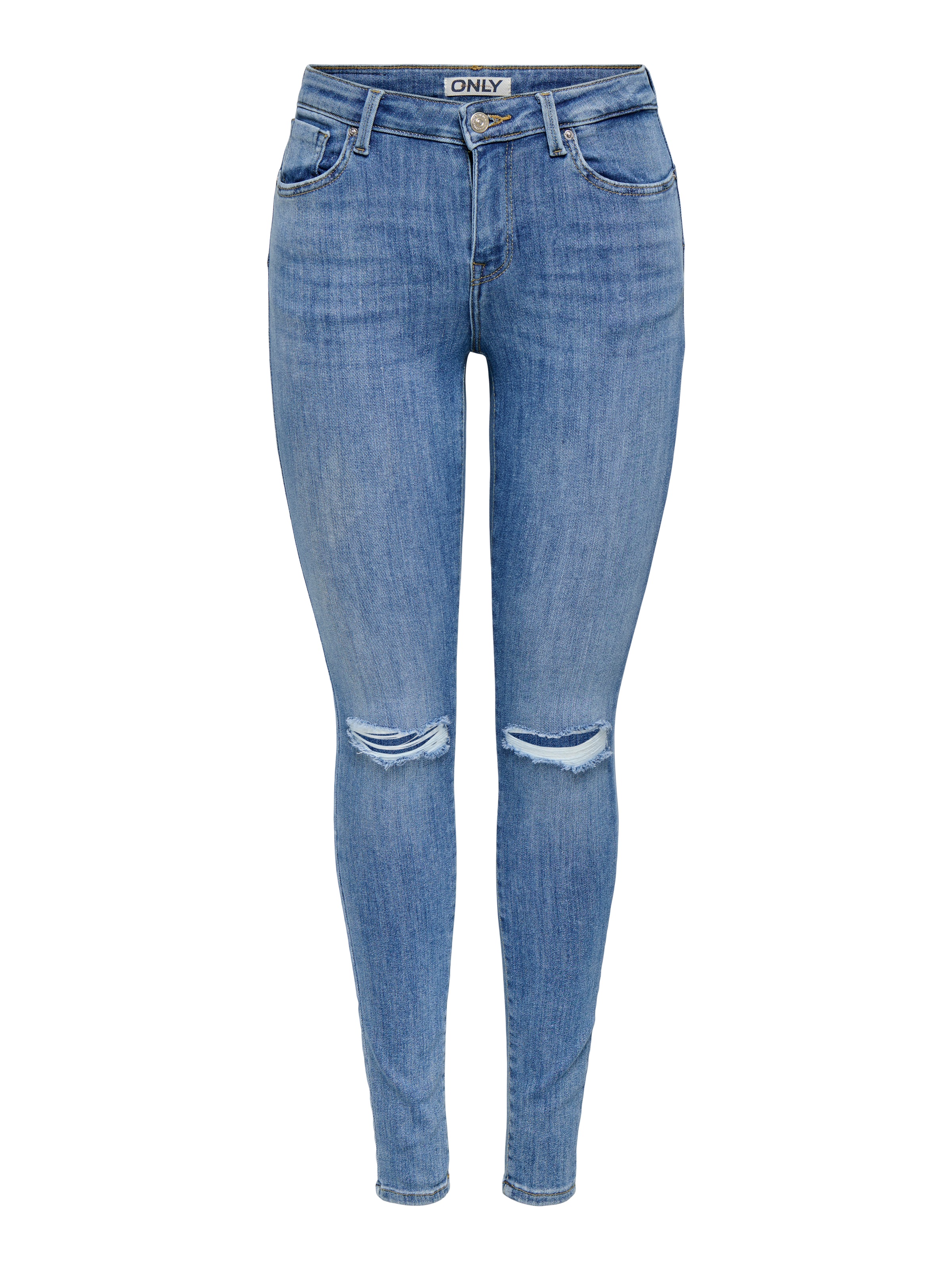 Image of ONLY Skinny-fit-Jeans "ONLPOWER MID SK PUSHUP KNEE CUT DNM" mit Destroyed Detail