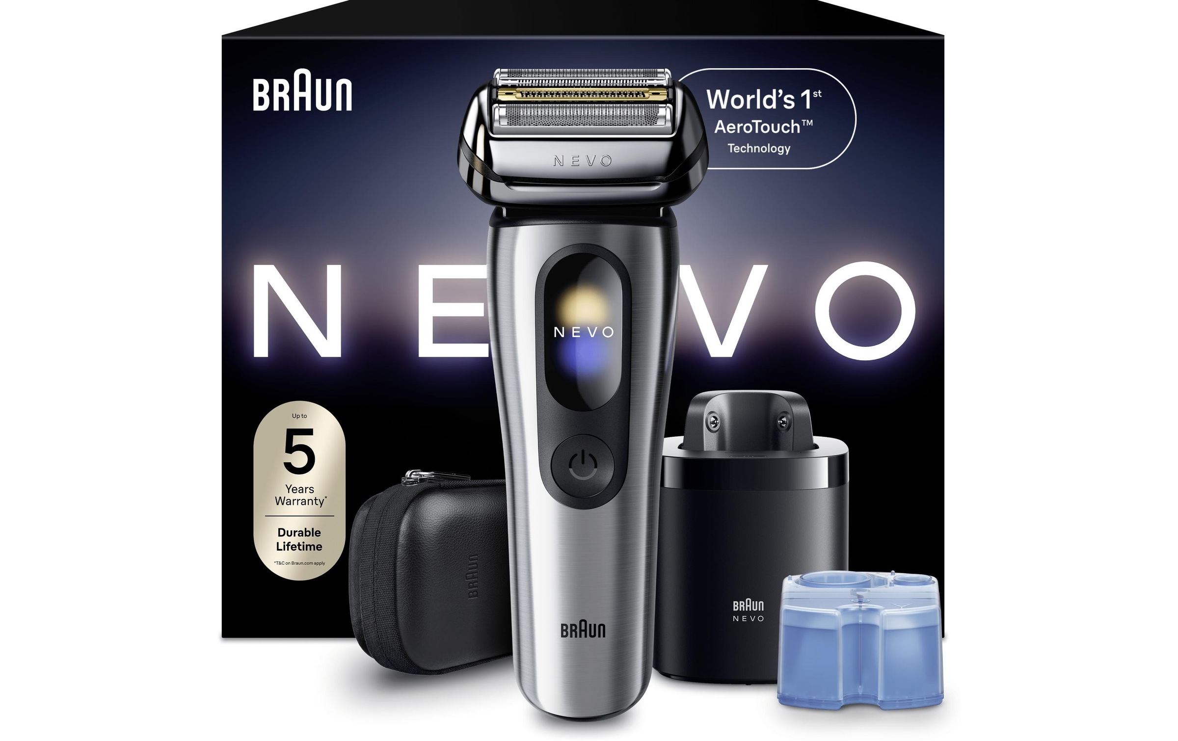Braun Rasoirs électriques »NEVO 15000cc« station de nettoyage SmartClean Plus Tondeuse de précision intégrée AeroTouch, écran intelligent, système de soin 7-en-1, étui de voyage, argent