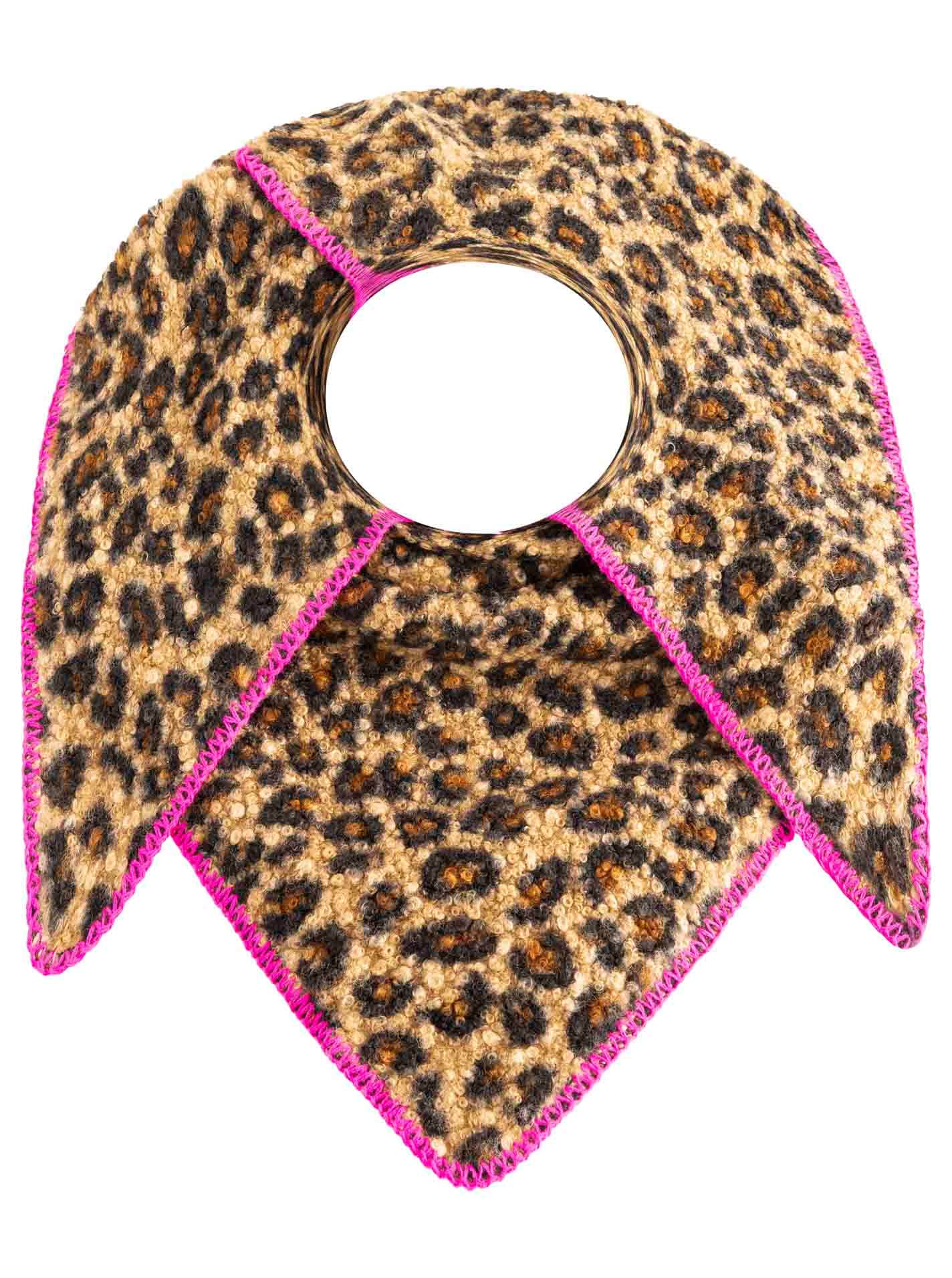 Zwillingsherz Foulard triangulaire »"Leo Leo"« motif léopard, bord rose, aspect teddy