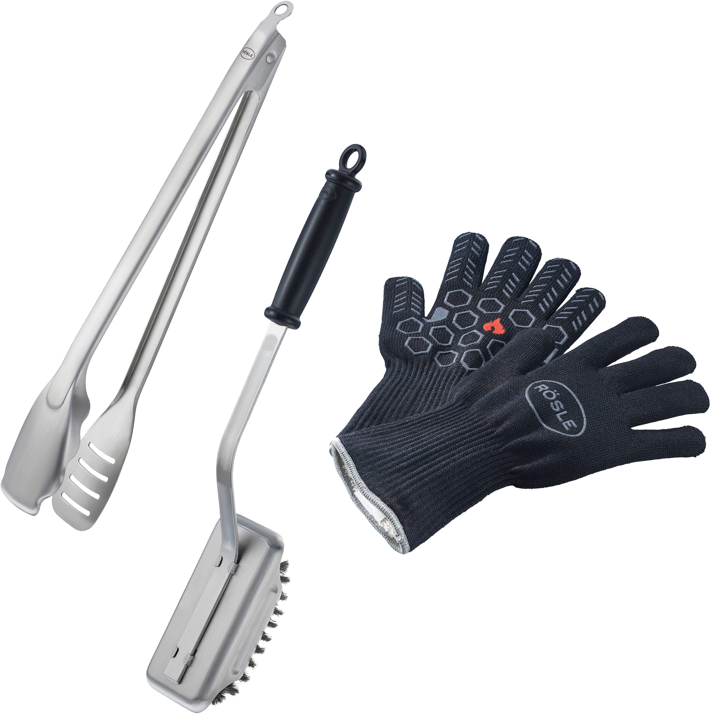 Image of RÖSLE Grillbesteck-Set "BBQ Premium" Grillhandschuhe, BBQ-Grillzange und Reinigungsbürste SlideX