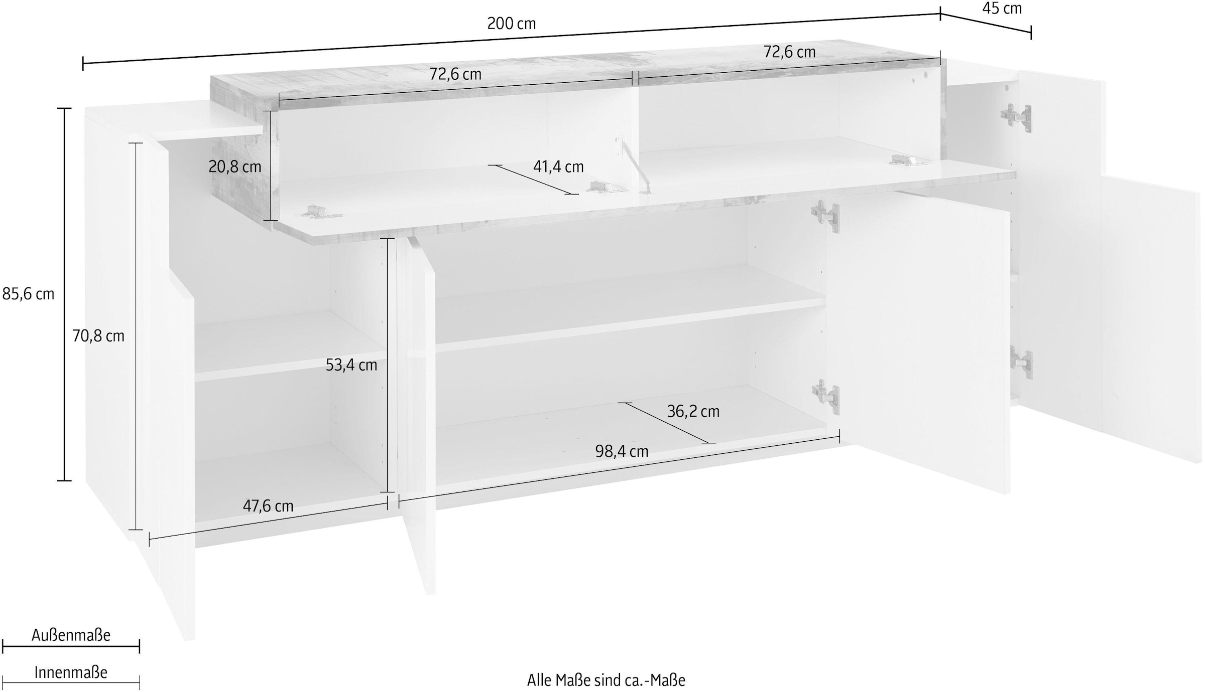 INOSIGN Sideboard »Coro, Kommode, Schrank, Kredenz, grifflos mit Einlegeböden«, 1 klappe,4 Türen, Doppeltiefe, B/T/H 200x45x85,6cm