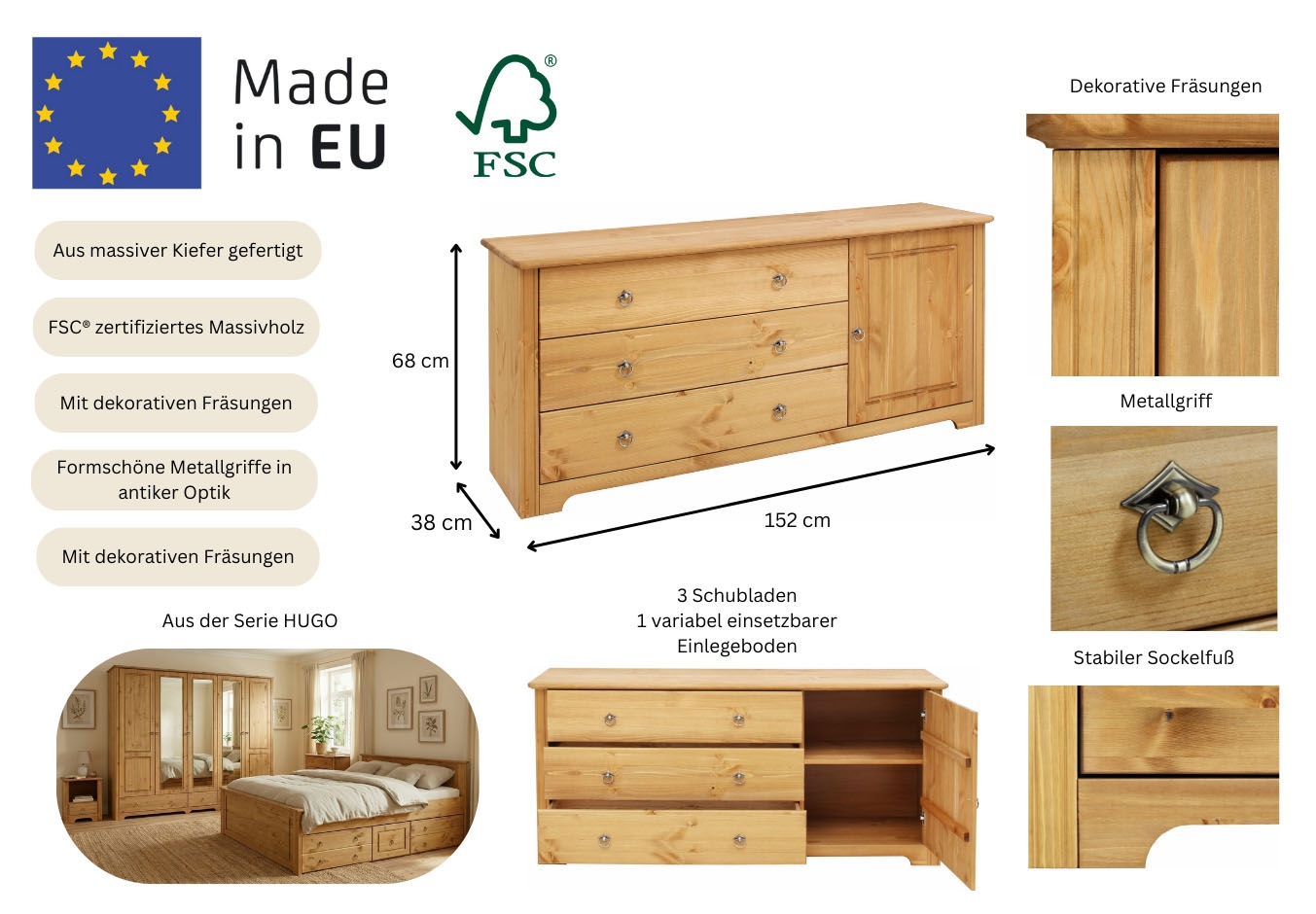 GOODproduct Commode combinée »Hugo« aus massiver Kiefer,  Breite 152 cm