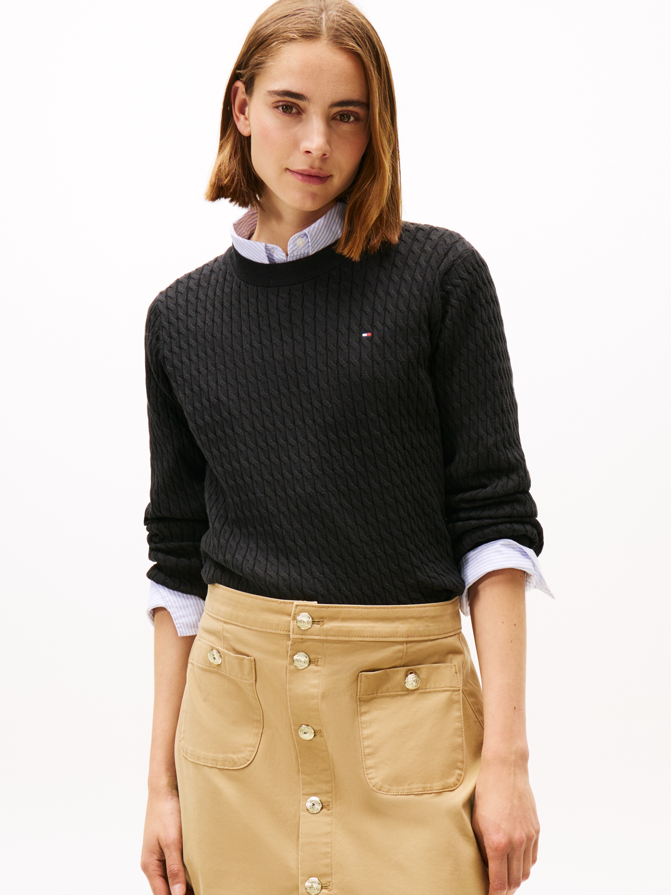 Tommy Hilfiger Rundhalspullover »CO CABLE C-NK LS SWEATER« Baumwolle, mit Zopfmuster, Regular Fit