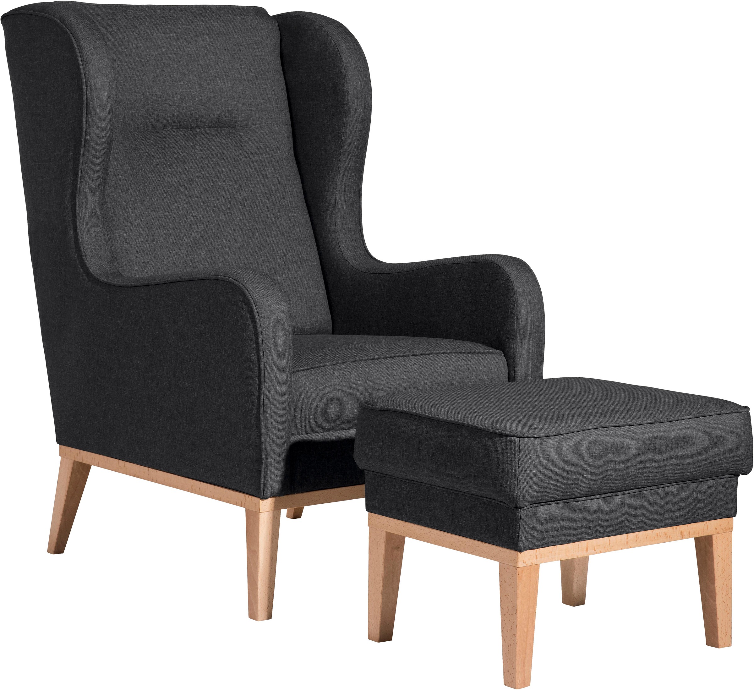 Max Winzer® Ohrensessel »Anthony eleganter Hochlehner, Designsessel, bequem und komfortabel«, mit umlaufendem Holzsockel & Kedernaht, Solitärmöbel mit hohem Holzfuss