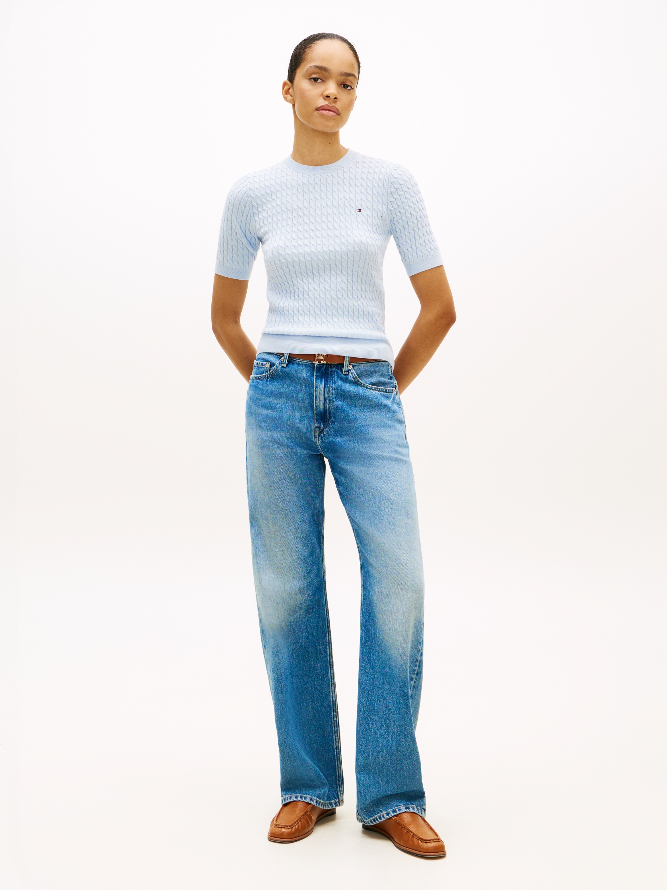 Tommy Hilfiger Pull à manches courtes »CO CABLE RWB C-NK SS SWT« coton, avec motif torsadé
