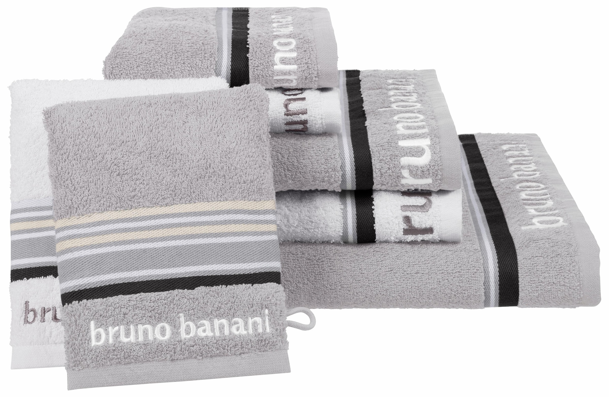 Image of Bruno Banani Handtuch Set "Maja, 1 Duschtuch, 2 Handtücher, 2 Gästehandtücher, 2 Waschhandschuhe" Set Walkfrottee mit Bordüre und Markenlogo, 7 teiliges Handtücher Set, 100% Baumwolle