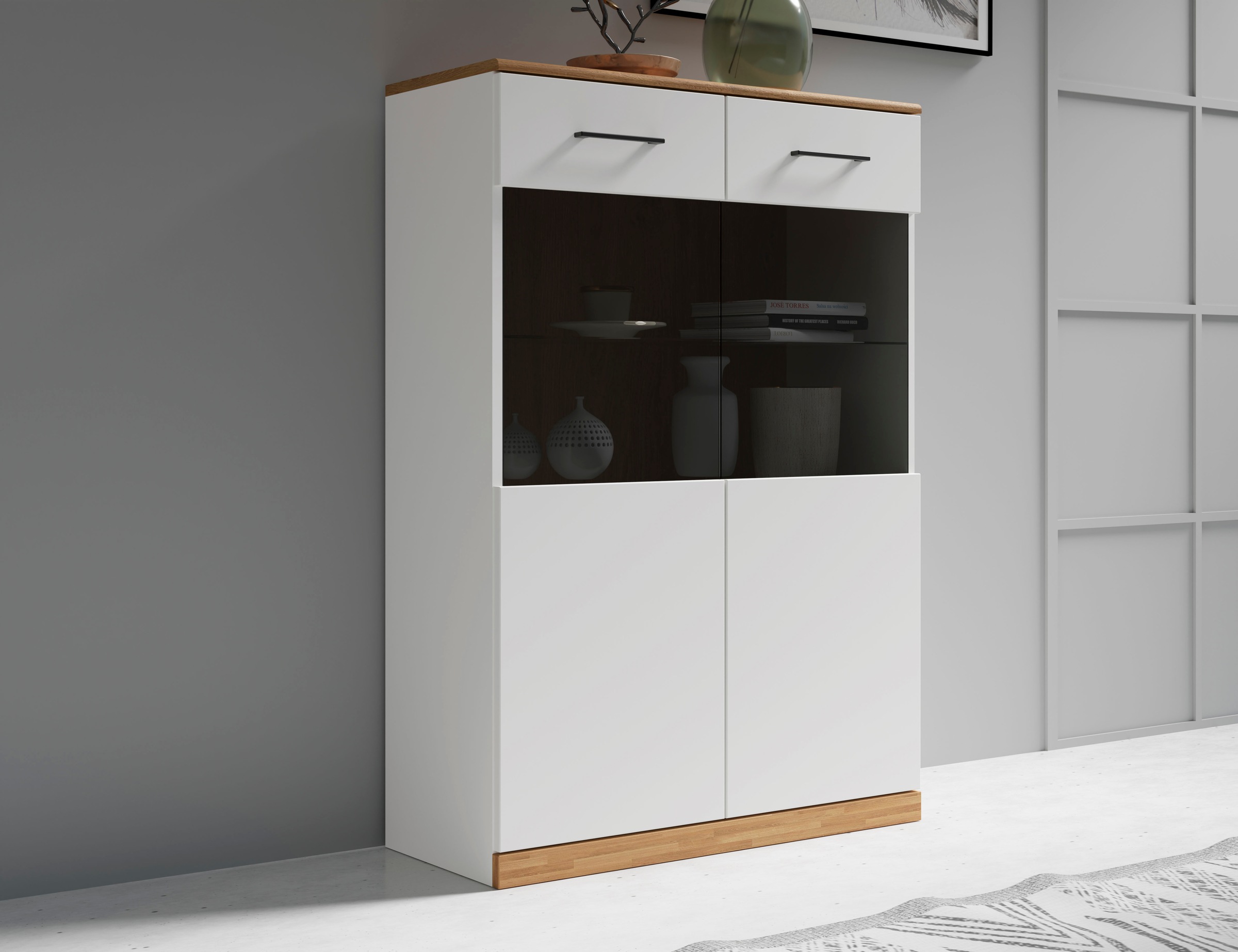 Image of GOODproduct Vitrine "Ribe, 125 cm hoch, Fronten Massivholz, 4 breite Fächer" Korpus Holzwerkstoff, 2Türen mit Glaseinsatz, einlegeboden verstellbar