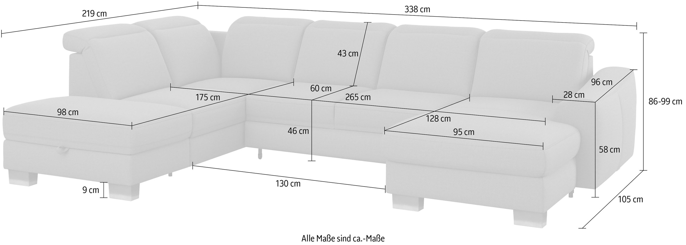 sit&more Wohnlandschaft »Dundee U-Form«, mit Federkern und Edelstahlfüssen, wahlweise mit Kopfteilverstellung