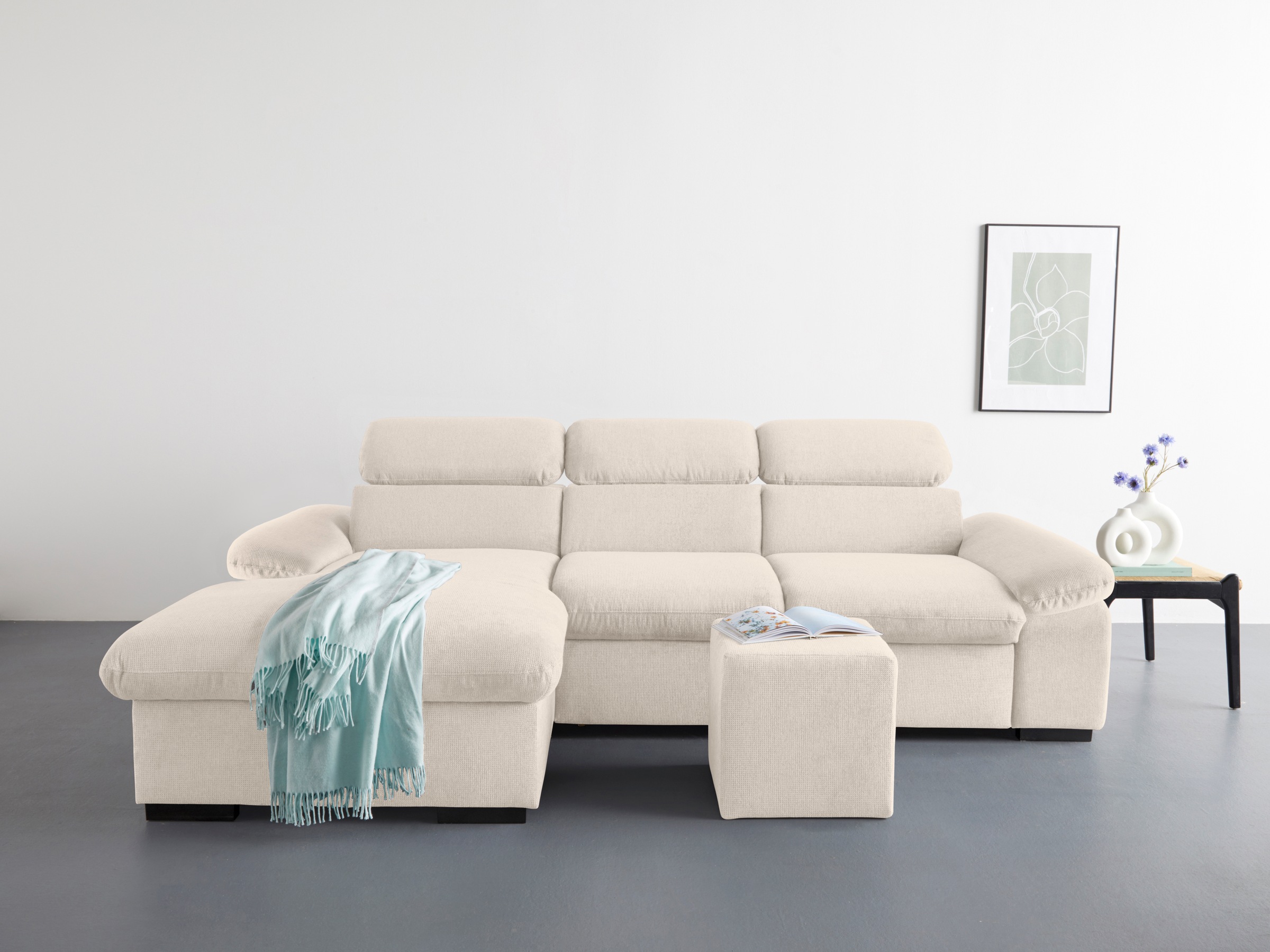 COTTA Ecksofa »Lola L-Form mit Kopfteilfunktion & Hocker«, (Set, mit Hocker), wahlweise mit Bettfunktion, Bettkasten & Armteilverstellung