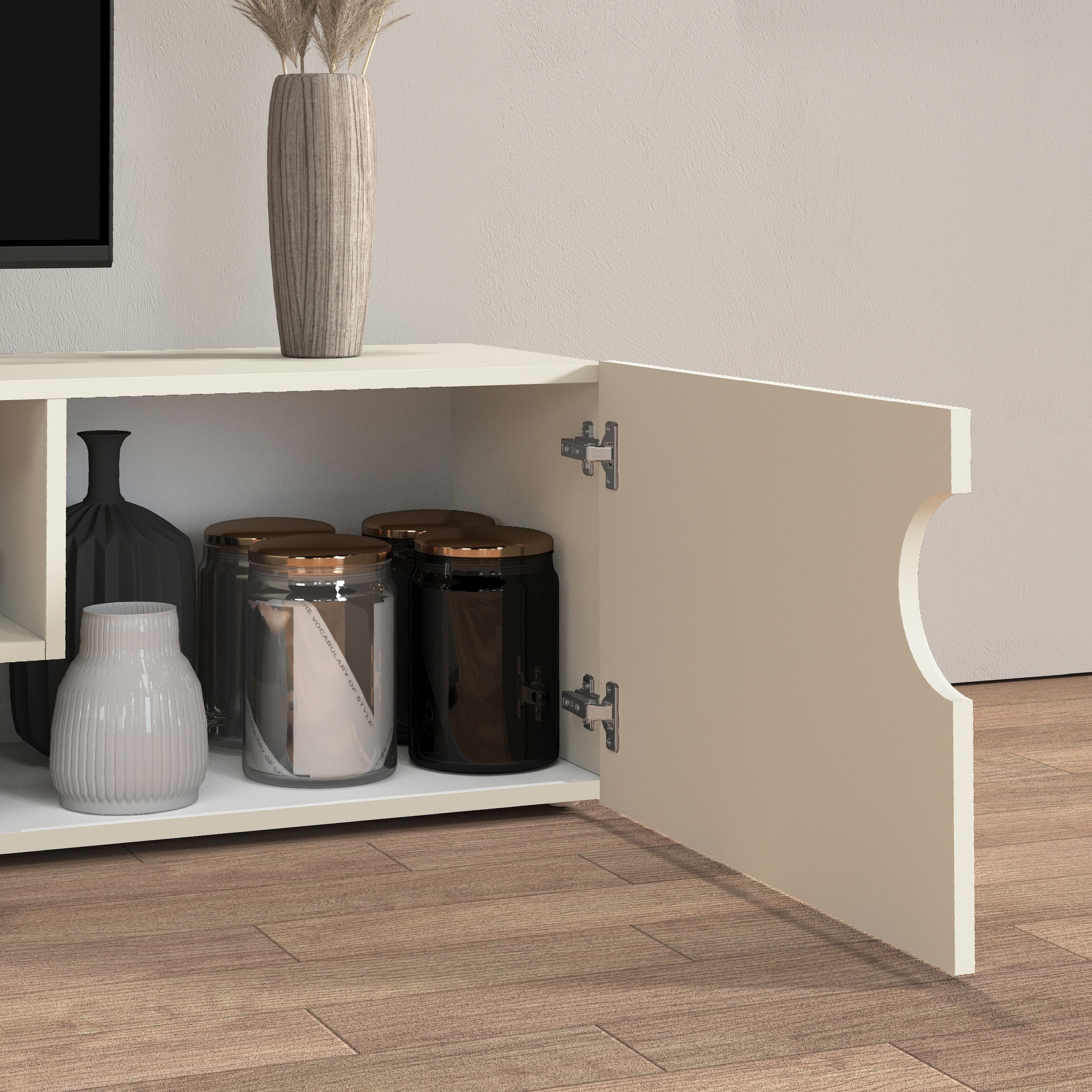 INOSIGN Lowboard »REAL TV-Möbel, 240 cm breit, 40/60 cm hoch, Hochglanz oder matt« mit 2 abgerundeten Türen, 1 Klappe, die ein ovales offenes Fach bilden