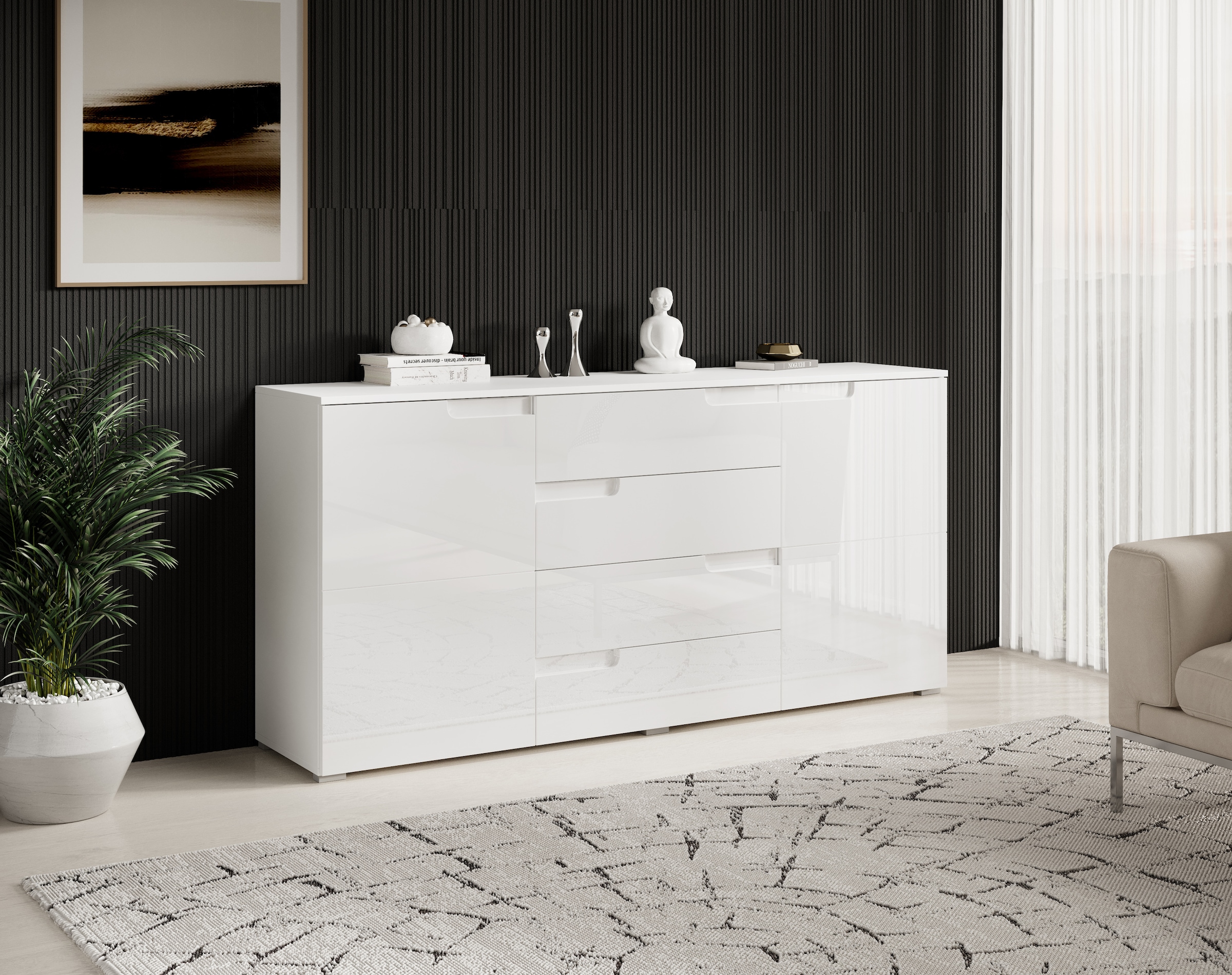 Image of HBZ Sideboard "Spice weiss Hochglanz, Wohnzimmerschrank BxHxT 165x80x40 cm" 1 Stk. tlg. Mit 2 Türen, 4 Schubkästen, 2 Einlegeböden verstellbar