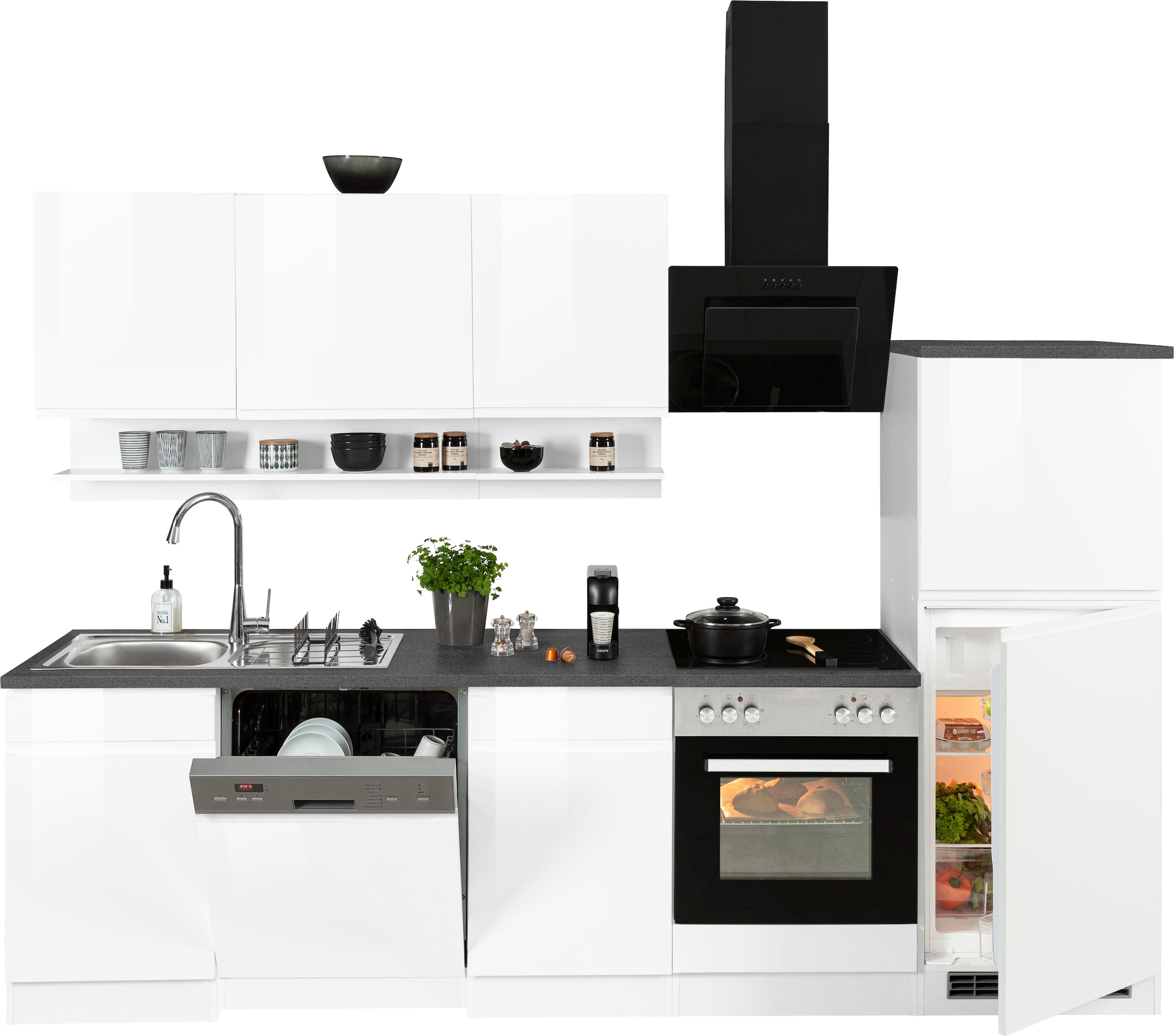 KOCHSTATION Küchenzeile »KS-Virginia,neu in verbesserter Ausführung« Arbeitsplatte 38 mm stark, Stauraum, Softclose,  Breite 280 cm, Soft-Close, wahlweise mit E-Geräten