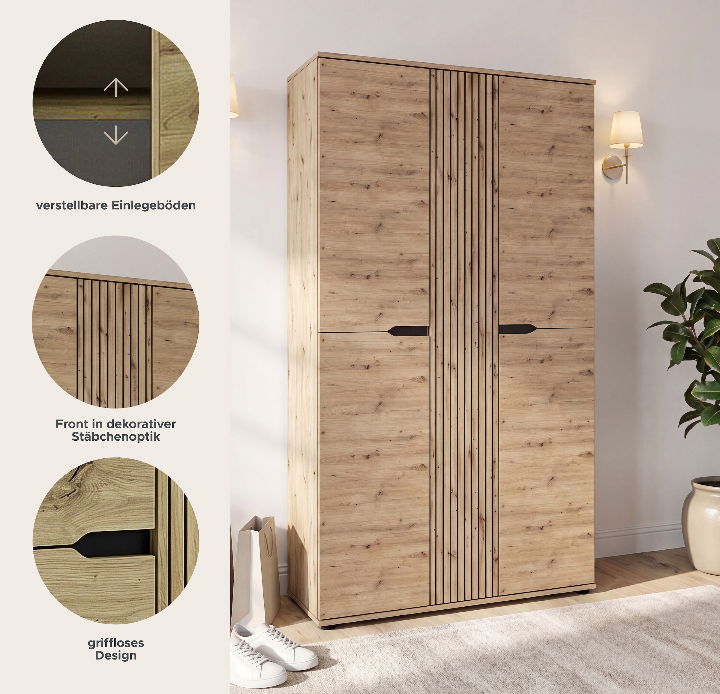 GOODproduct Armoire vestiaire »FJELL, Breite 104cm, 3 Türen, 8 Böden, 10 Fächer, 1 Kleiderstange« armoire, placard, armoire d'entrée, armoire de couloir, armoire polyvalente