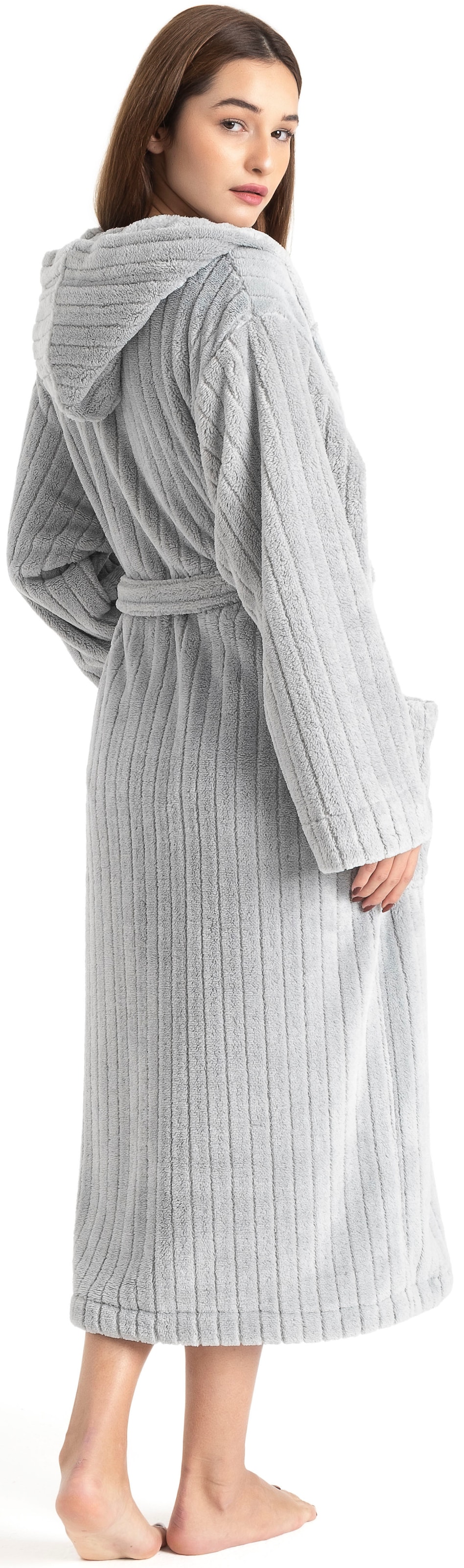 LeGer Home by Lena Gercke Peignoir de bain unisexe »Lovina gestreift, ideal für Sauna & Spa, Hotelbademantel, Morgenmantel« 1 cuis Hoch-Tief, kuschelig weicher Fleece, plüsch, Damen und Herren, XS-3XL