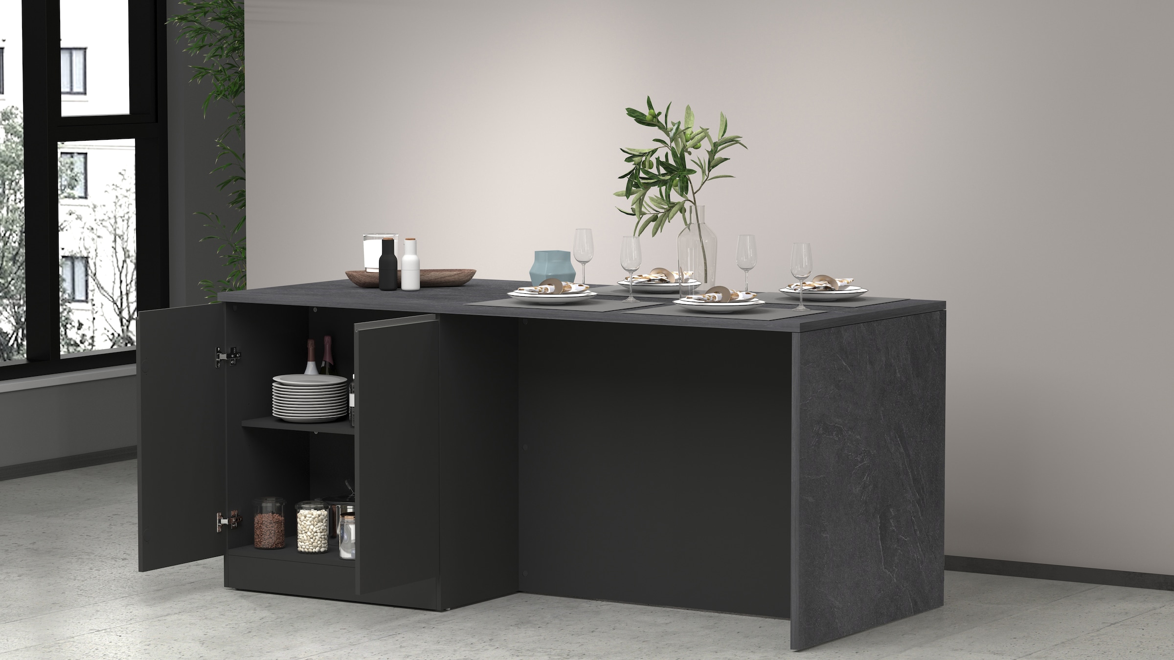 KOCHSTATION Ilot de cuisine »Sole,Kochinsel,Küchenarbeitsblock,Inselküche,Arbeitsinsel« Breite 200 cm mit 4 Türen,4 Fächer, Arbeitsplatte, Aluminiumgriff