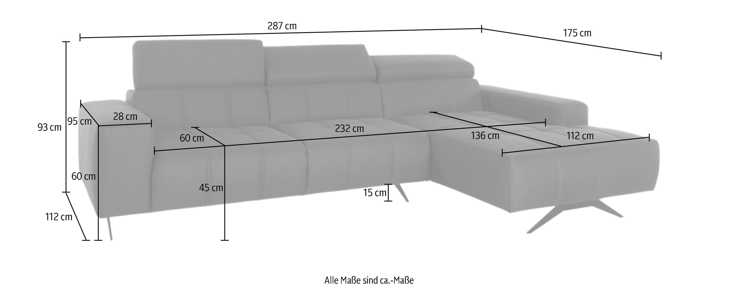 DOMO collection Ecksofa »Trento L-Form, mit Kufenfuss oder Einzelfuss«, wahlweise mit Kopfteilverstellung, Recamiere links/rechts bestellbar