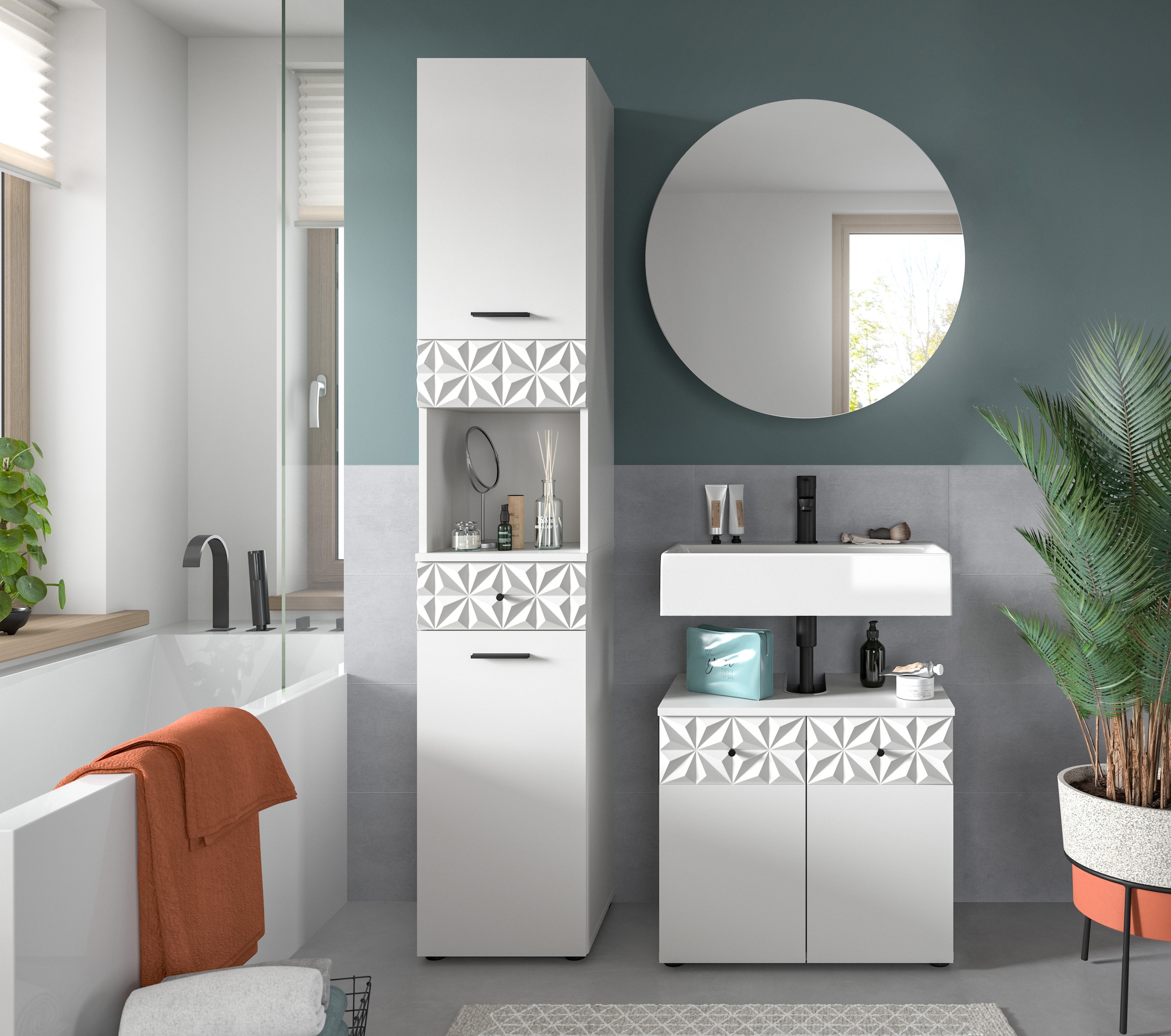 INOSIGN Ensemble de salle de bains »VICENZA, TOPSELLER!, Breite 110cm, 3-teilig, mit Ornamentabsetzung« best. aus: Hochschrank, Waschbeckenunterschrank und Spiegelschrank, 