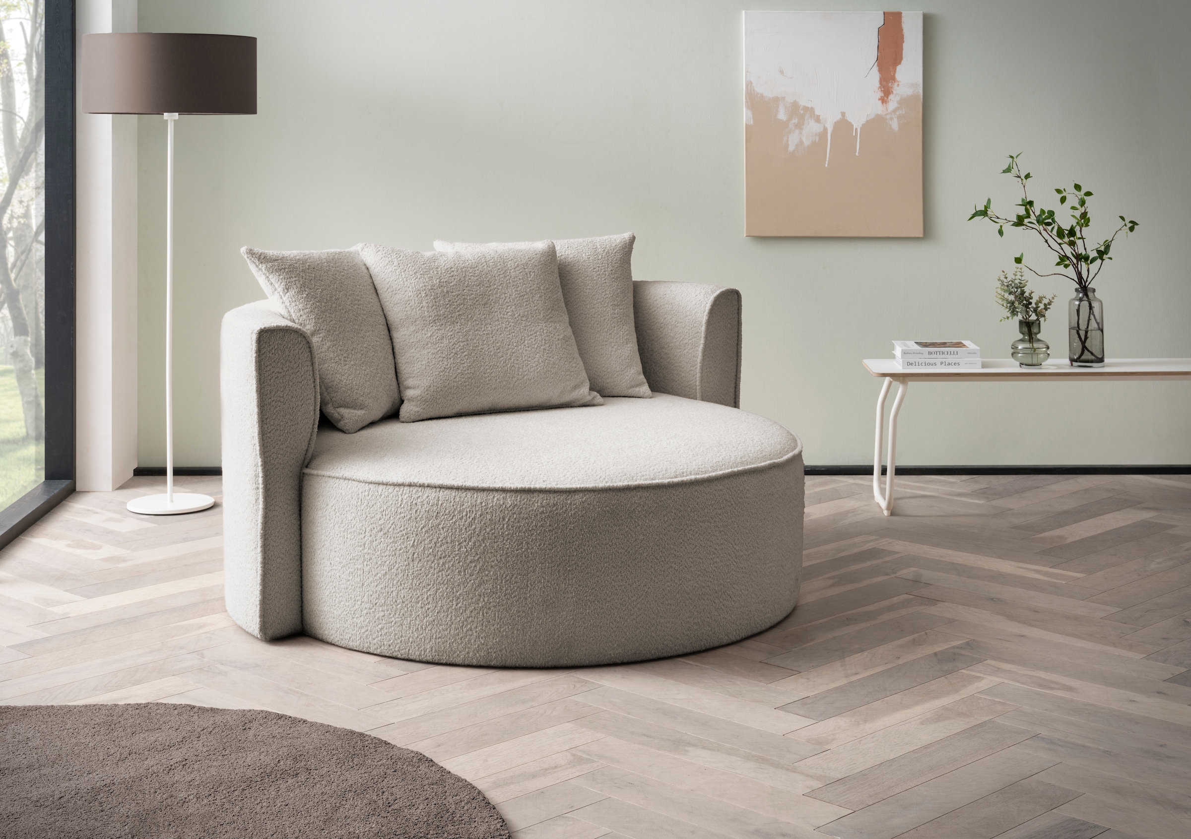 LeGer Home by Lena Gercke Fauteuil XXL »ISALIE Bouclé, Lesesessel, Loveseat, inklusive Zierkissen« surface d'assise extra large, option tabouret, 3 tissus d'ameublement