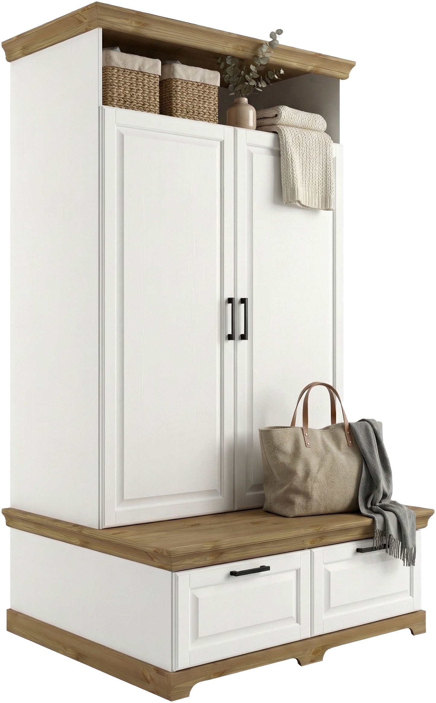 GOODproduct Wäscheschrank »Rügen XXL– Landhaus-Charme mit maximalem Stauraum, zeitlos schön« B/H/T ca. 127/216/70 cm,  Integrierte Sitzbank + Schubladen: Stauraum für Schlafzimmer+Diele