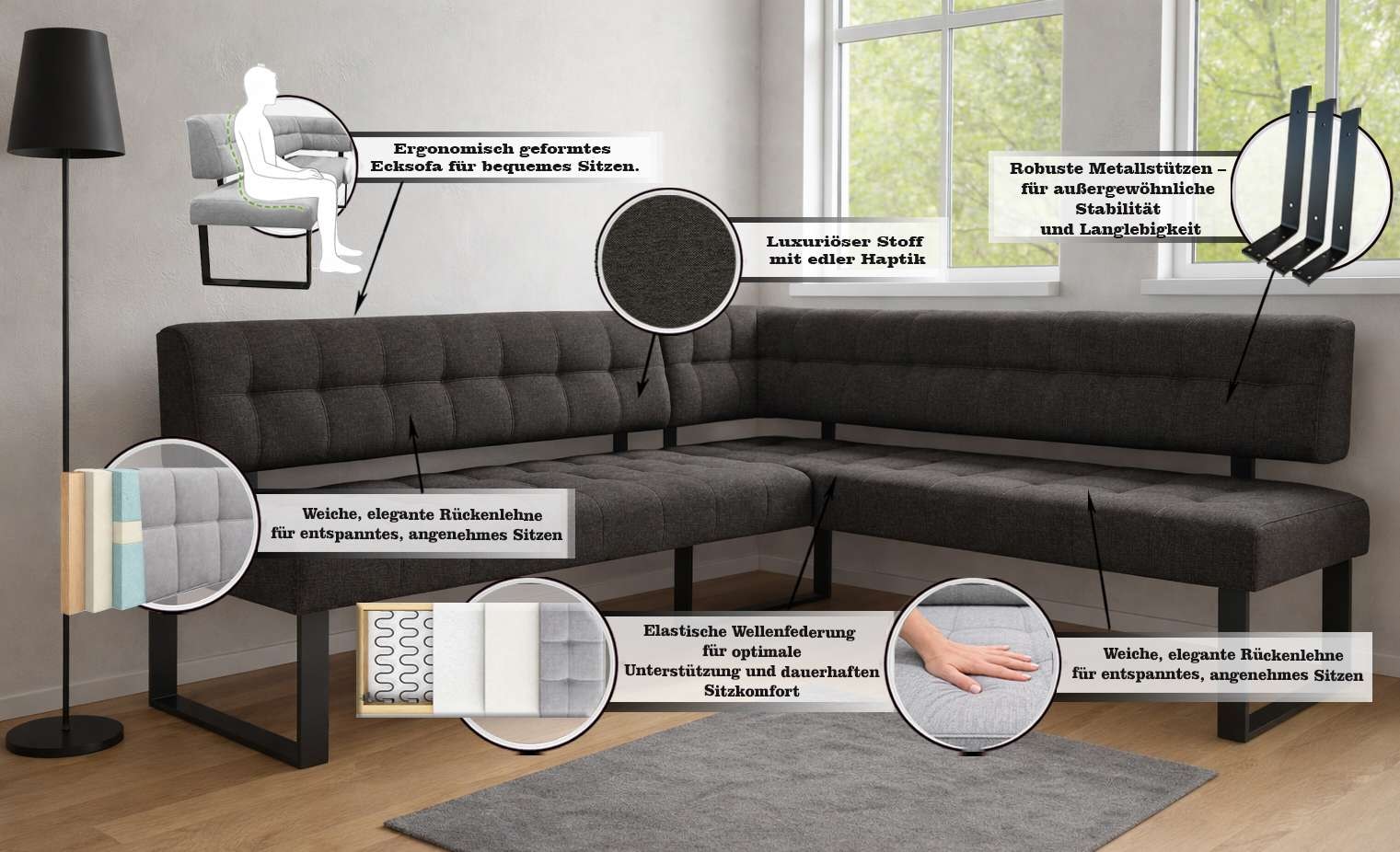 Home affaire Ensemble de bancs d'angle »Mia Essecke, Sitzgruppe, Eckbankgruppe, Küchenbankgruppe« Set, 4er, 4 tlg. Eckbank mit Wellenfederung; Tisch in Eiche massiv