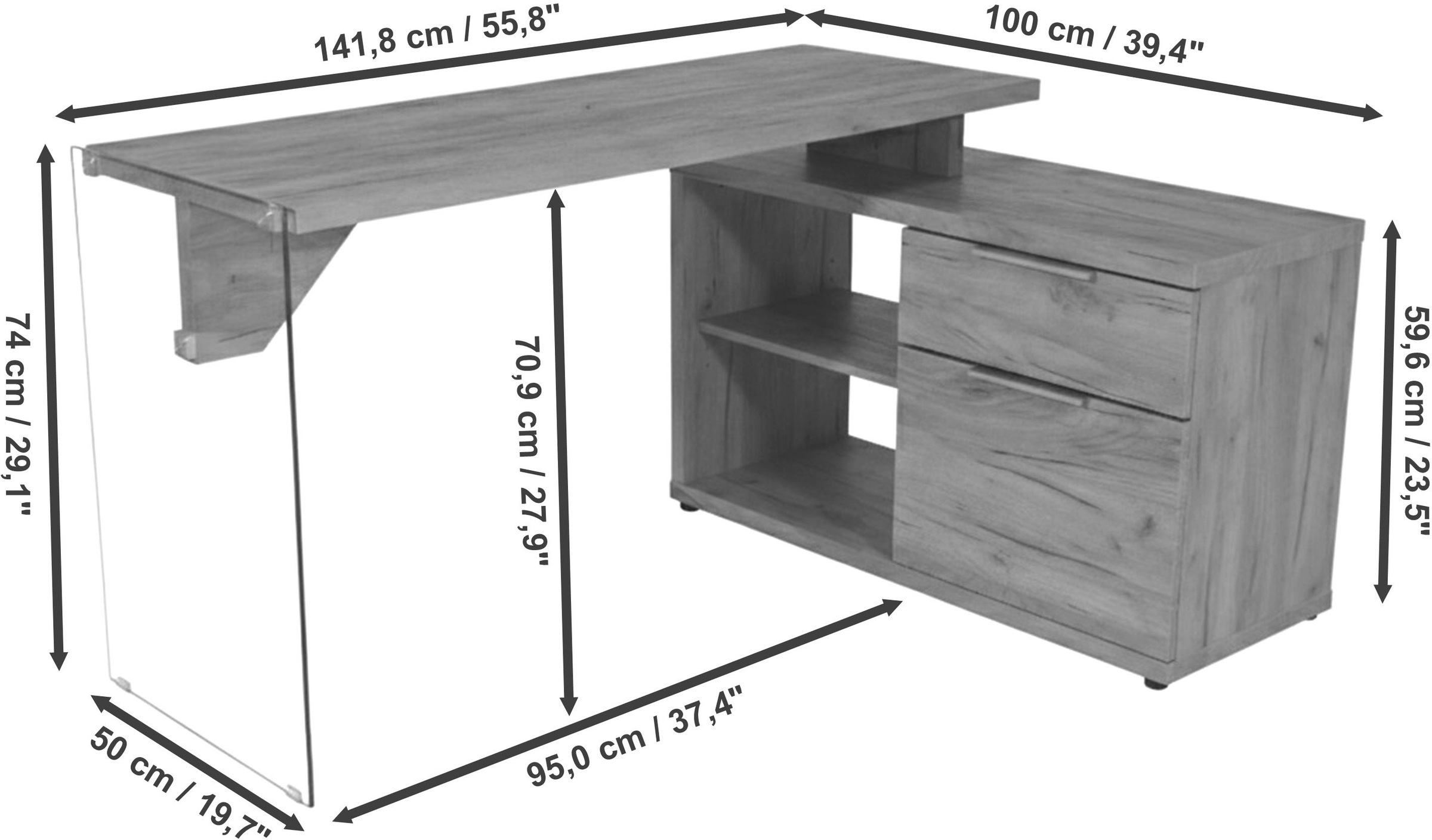 Jahnke Bureau d'angle »LUX C 135 E« bureau d'angle, montage réversible, verre, 1 tiroir et 2 compartiments
