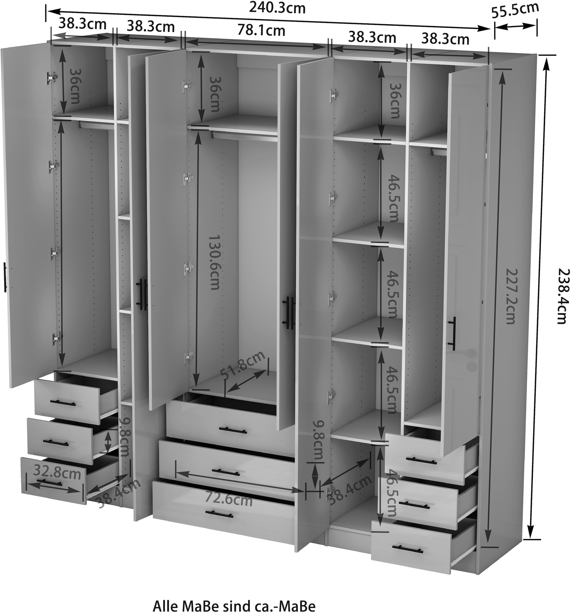 GOODproduct Armoires à vêtements »Trento Schlafzimmerschrank Garderobe hochglanz« in 2 unterschiedlichen Schrankhöhen wählbar,  Schrank mit 6 Türen und 9 Schubladen, Hochglanz-Fronten, 2,39m Höhe
