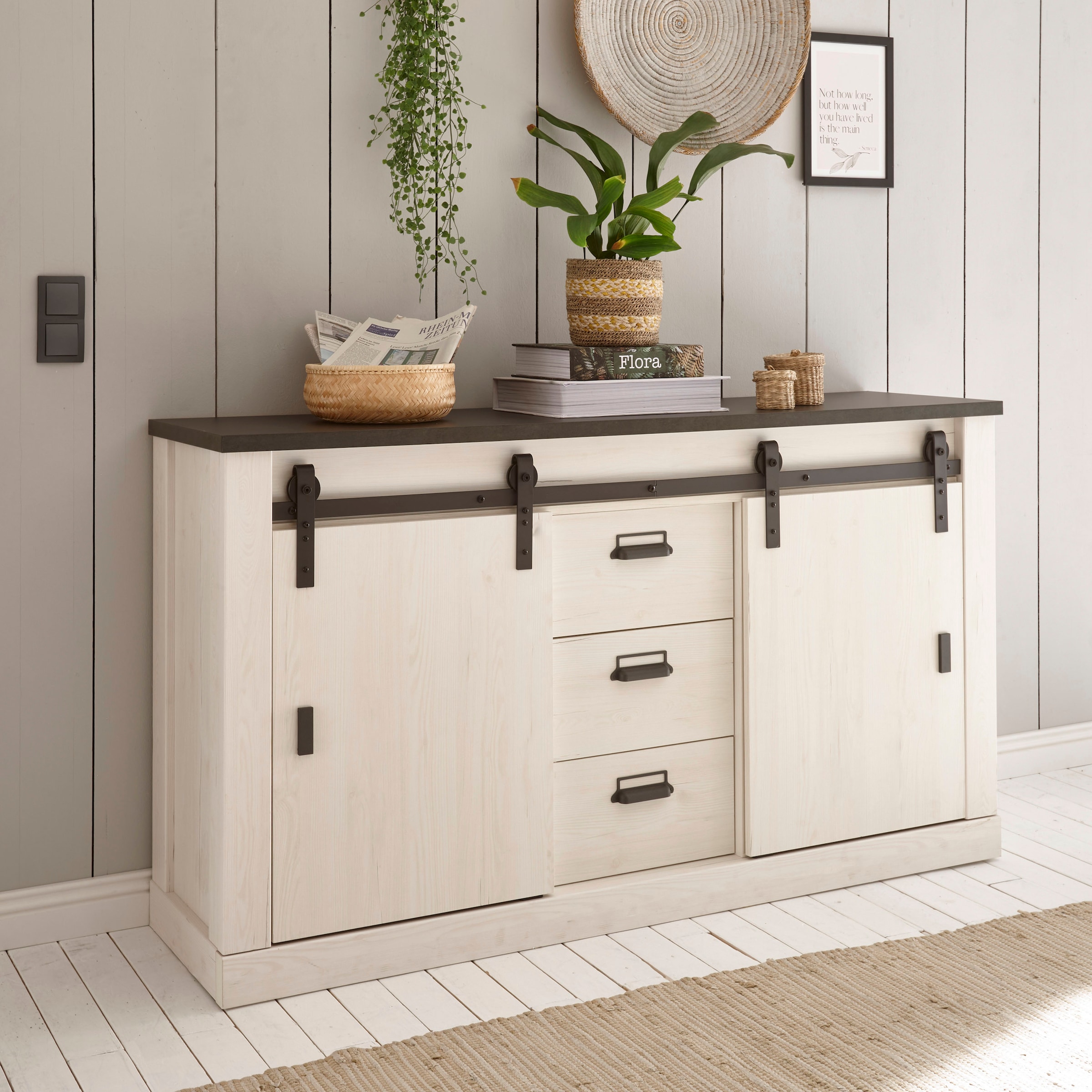 Image of Home affaire Sideboard "Sherwood, Kommode im Industrial-Style, Schrank, Stauraumelement" mit Scheunentorbeschlag & Apothekergriffen, in 2 Farben erhältlich
