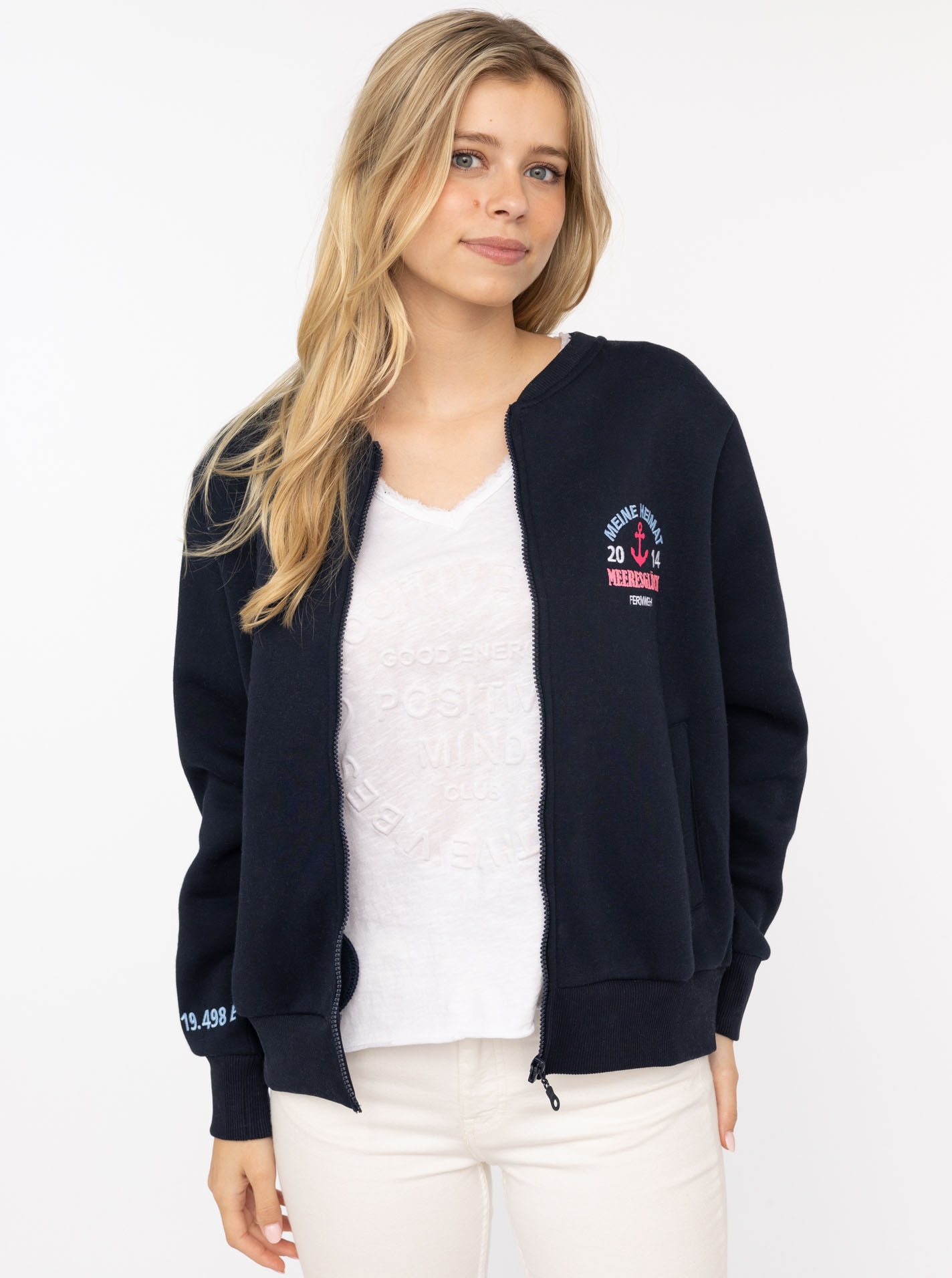 Image of Zwillingsherz Sweatjacke ""Meine Heimat"" maritime Stickerei, Reissverschluss, Rippbündchen, Taschen