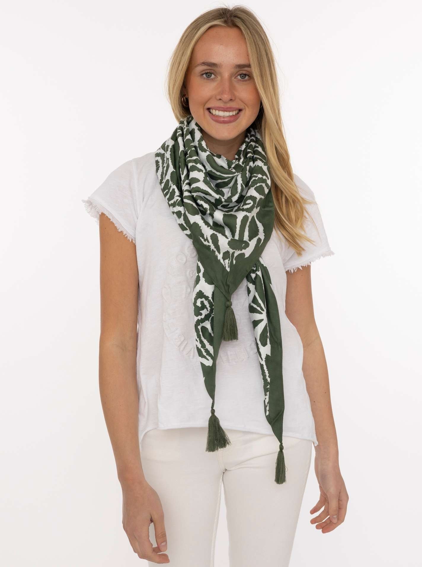 Zwillingsherz Foulard triangulaire »"Flower Fun"« motif floral fantaisiste, pompons, surface brillante