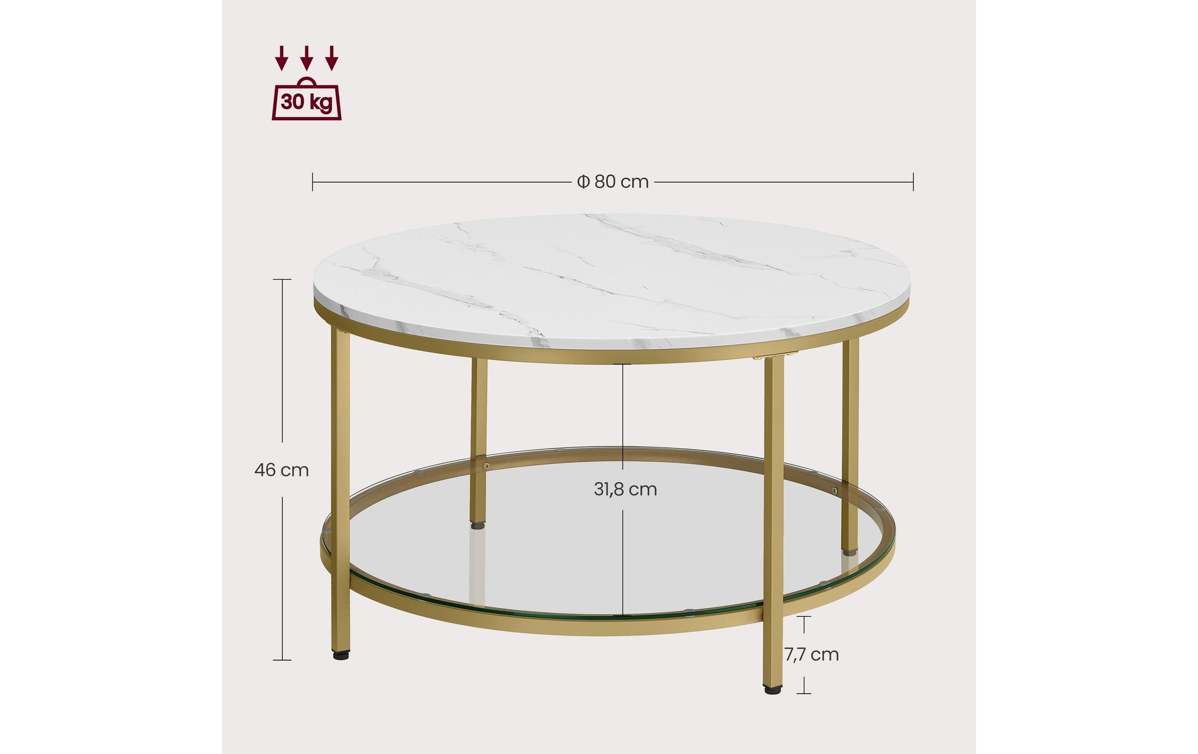 VASAGLE Beistelltisch »mit Glas 80 x 46 cm«