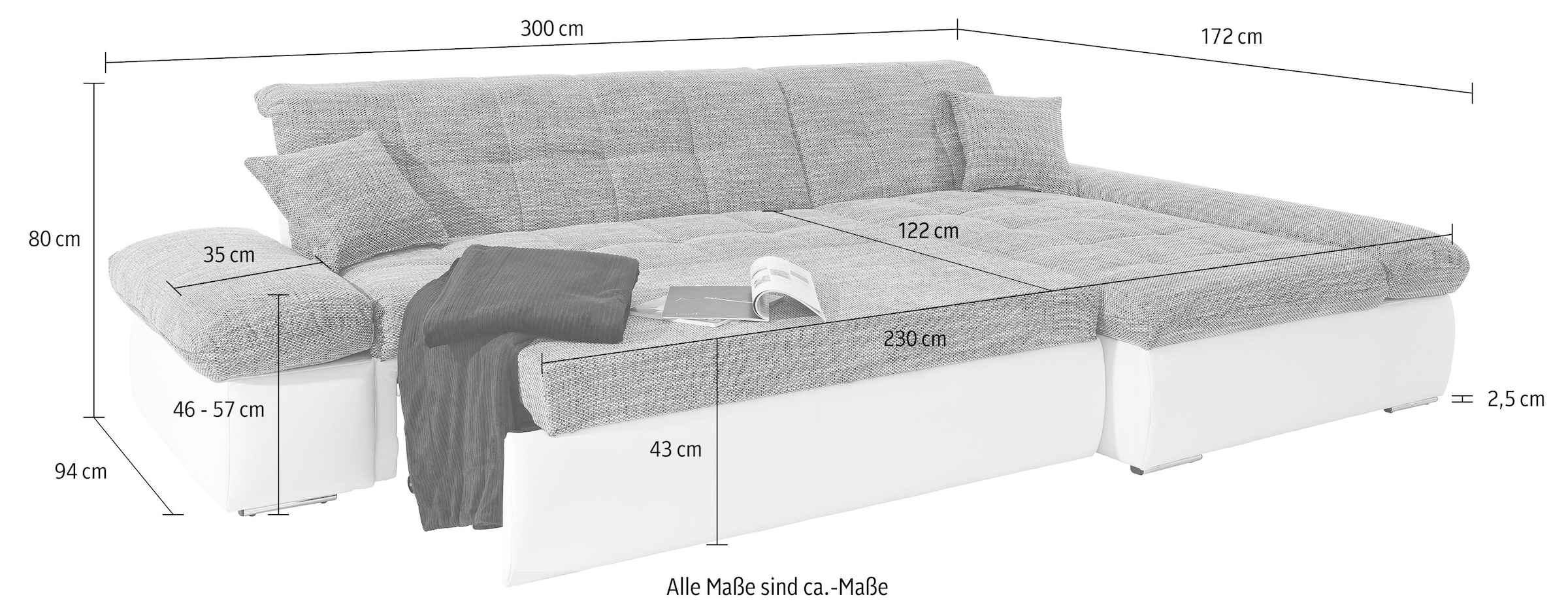 DOMO collection Ecksofa »Moric, L-Form, XXL-Sofa - Breite 300cm«, wahlweise mit Bettfunktion und Armteilverstellung, weiss-grau