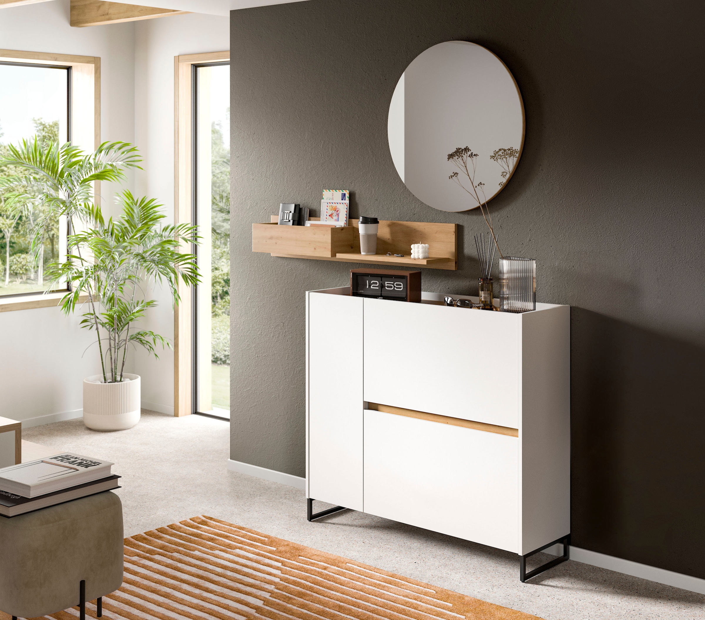 Home affaire Schuhschrank »EVRID, Breite 110cm, 1 Tür, 2 Schuhwalzen, inkl. Metall-Kufenfüsse« individuell mit anderen Artikel der Serie EVRID erweiterbar, 1 Stk. tlg. Schuhkommode, Kommode, Sideboard, Garderobenschrank, Flurkommode